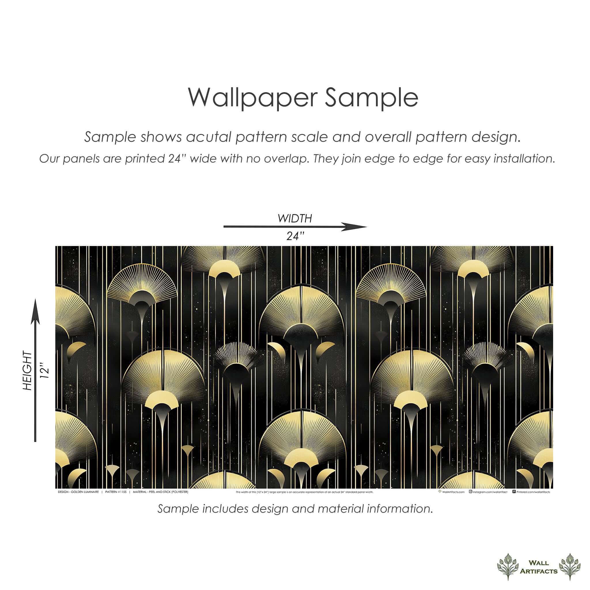 Art Deco wallpaper sample with gold embellishments on dark background, showcasing the Golden Luminaire design, 24x12 inches.