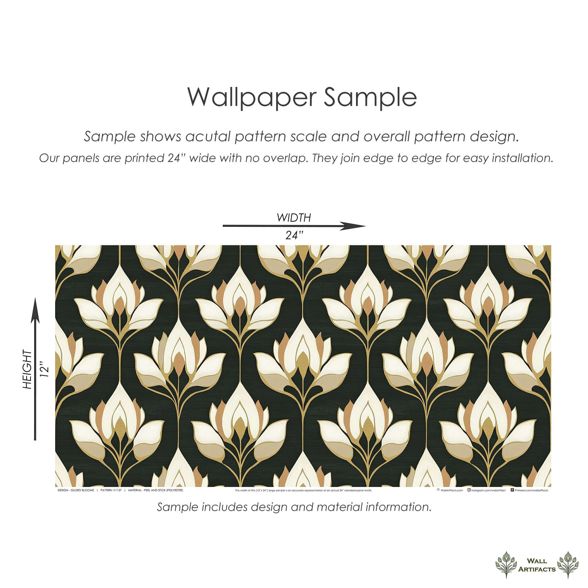 "Gilded Blooms" Art Nouveau floral wallpaper sample in ivory and gold with art deco elements on a dark background, 24" x 12" size.