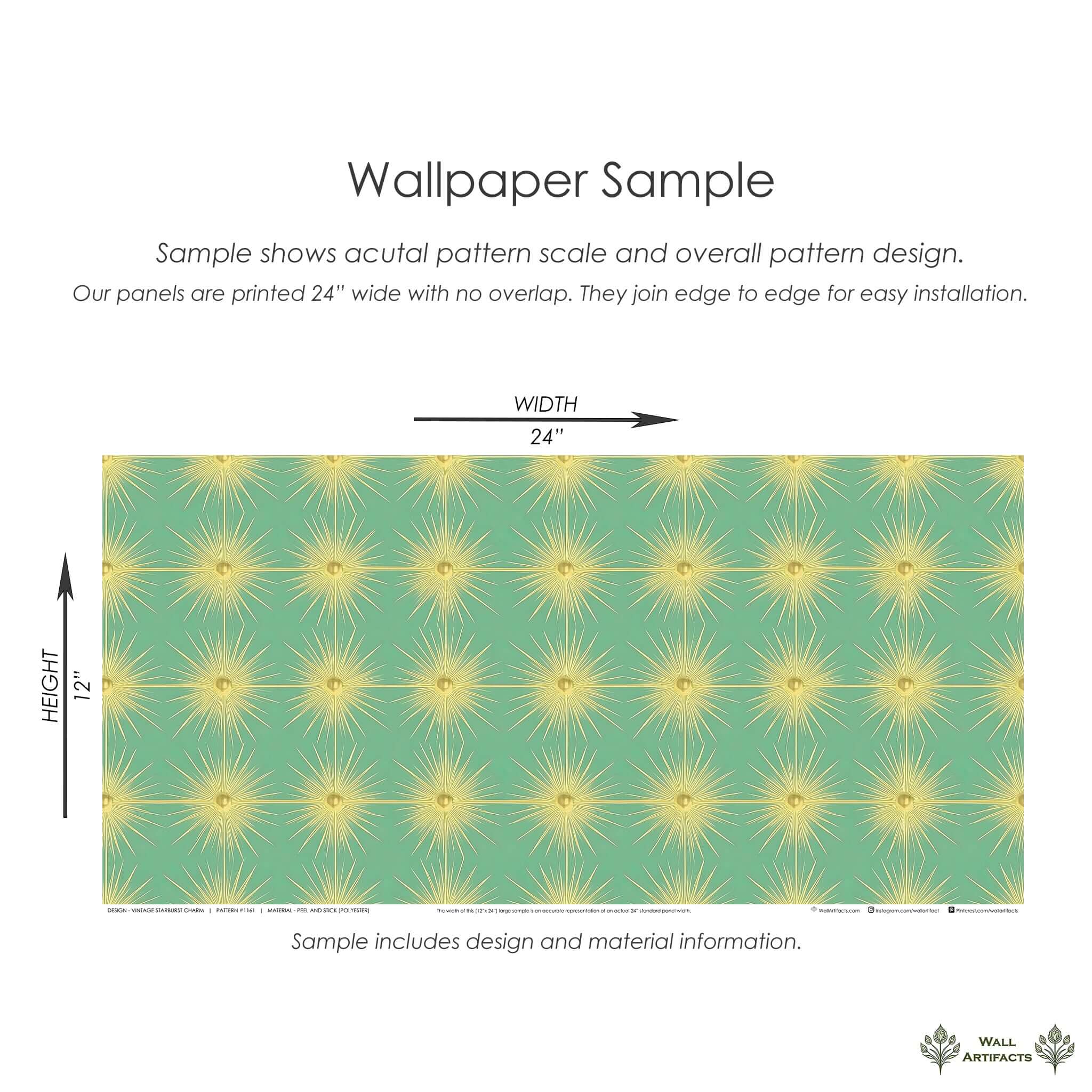 Vintage Sunburst Charm wallpaper sample with mid-century modern starburst motifs on a teal background, ideal for accent walls.