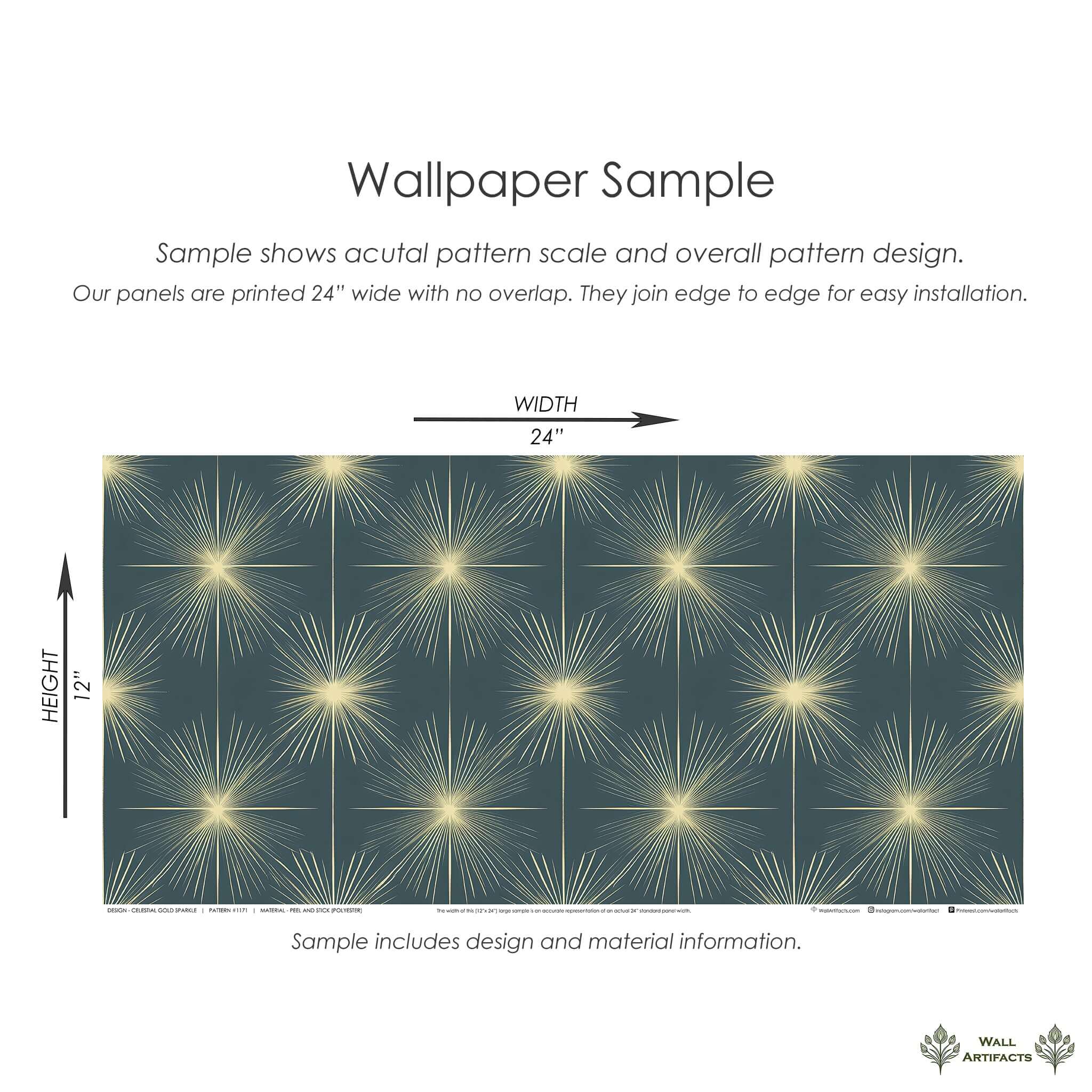 Celestial Gold Sparkle wallpaper sample with Mid-Century Modern starburst design on teal-blue background, 24x12 inches.