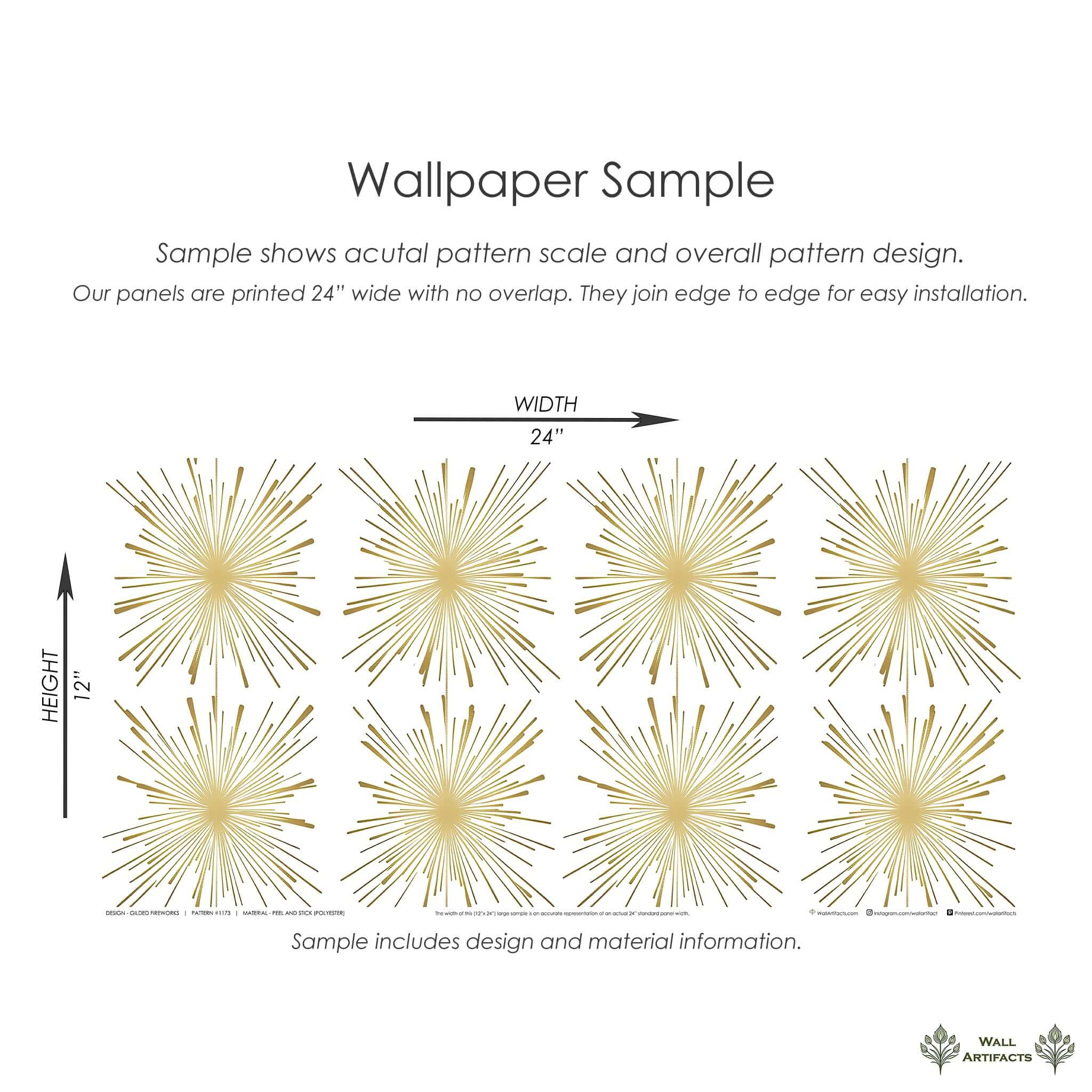 Sample of Gilded Fireworks wallpaper featuring metallic gold starburst pattern on white, ideal for Mid-Century Modern retro accent walls.