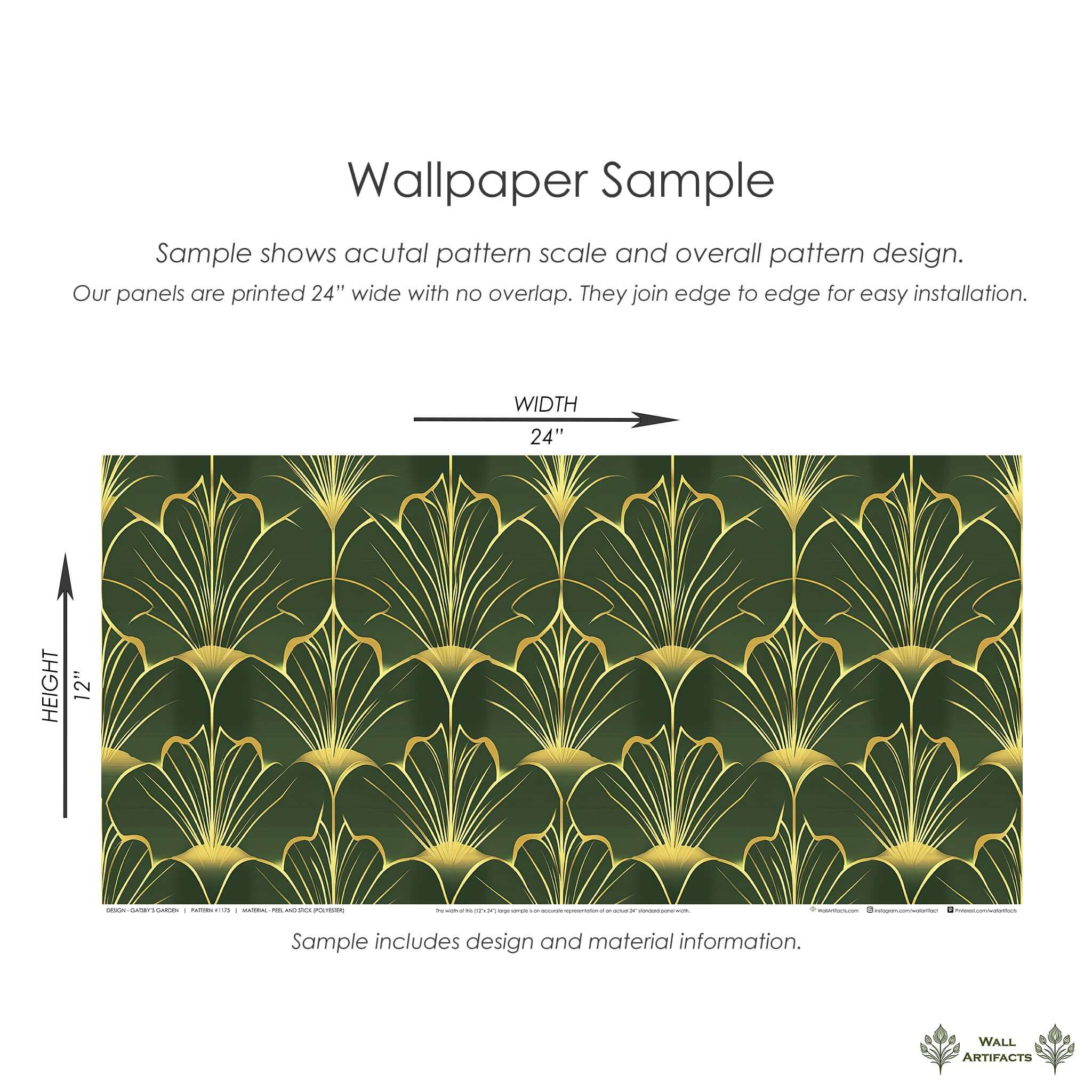 Art deco wallpaper sample featuring gold fan motifs on emerald green by Wall Artifacts, measuring 24x12 inches.