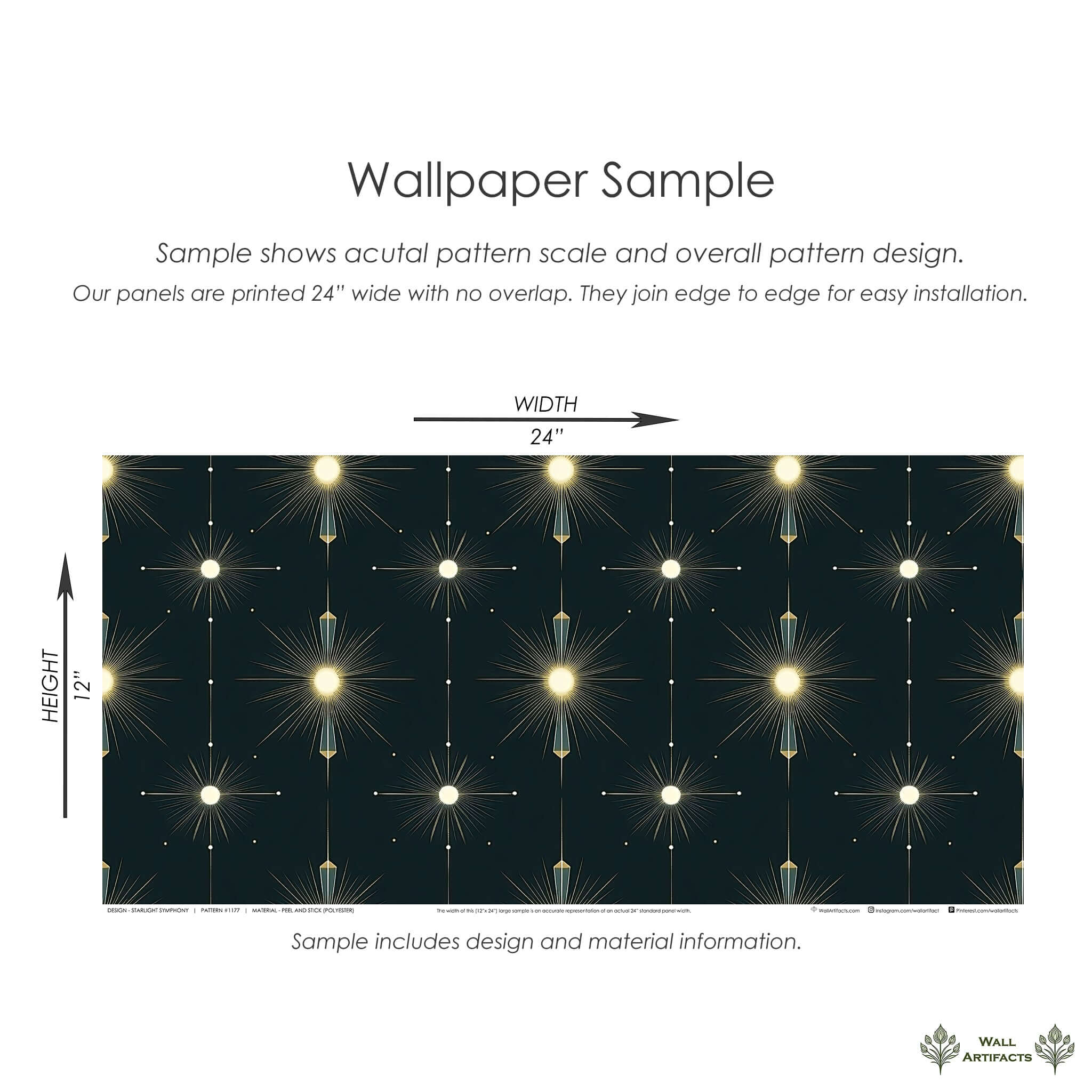 Starlight Symphony wallpaper sample by Wall Artifacts featuring Art Deco starburst design in gold on midnight backdrop.