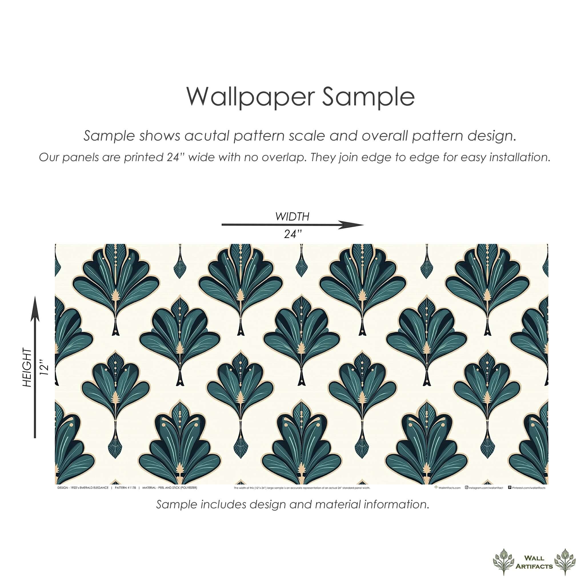 Art Deco emerald wallpaper sample with fan leaf pattern, showcasing a vintage design with gold accents from Wall Artifacts.