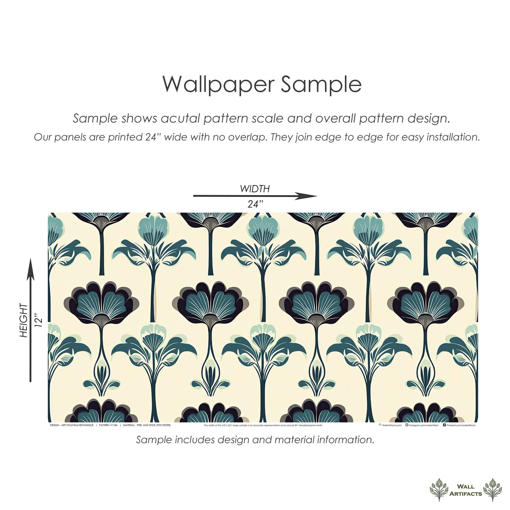 Art Nouveau Botanique wallpaper sample with teal and cream floral pattern, showcasing modern design inspired by early 20th-century décor.