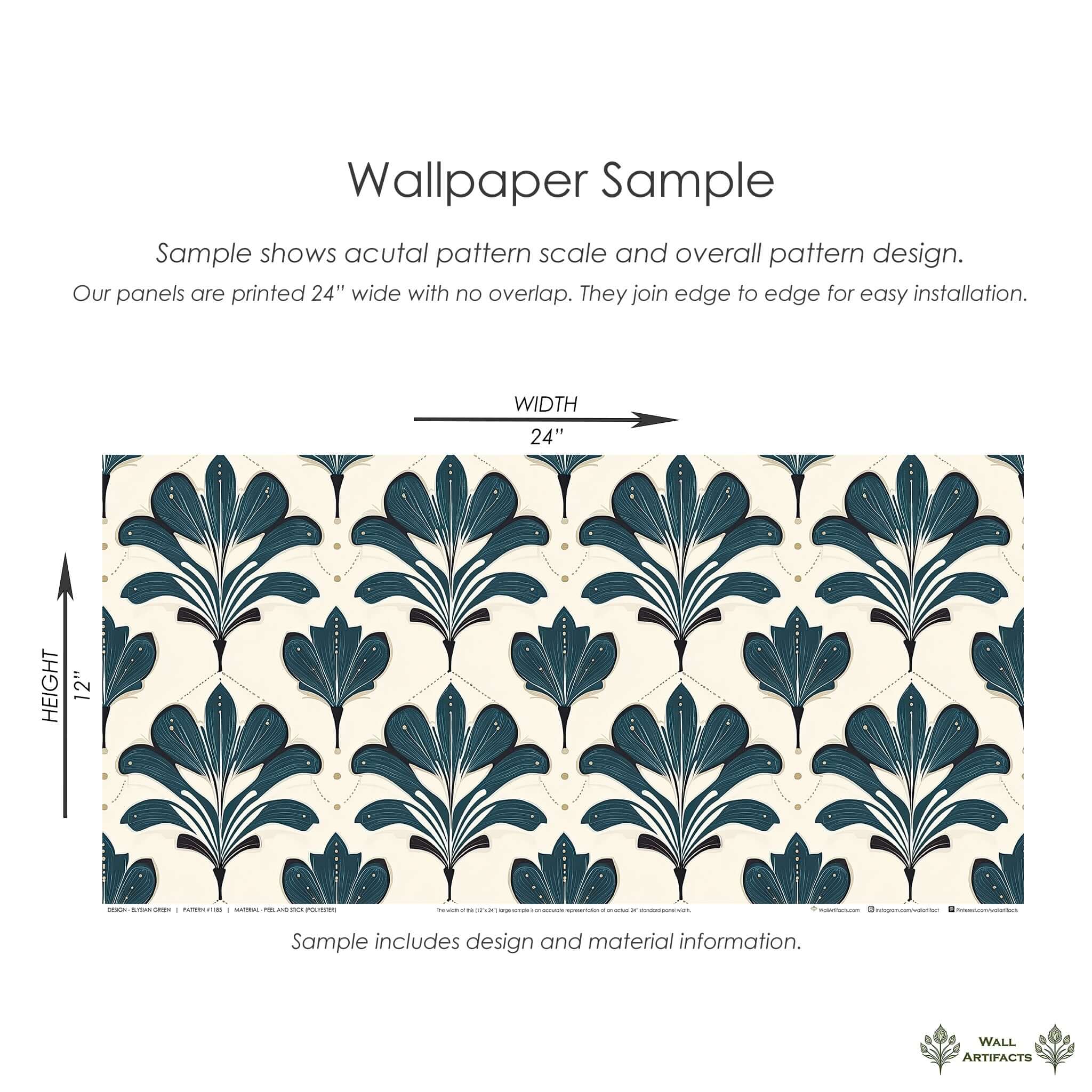 Elysian Green Wallpaper with Art Nouveau floral design, featuring stylized botanical patterns in emerald on cream, measuring 24x12 inches.