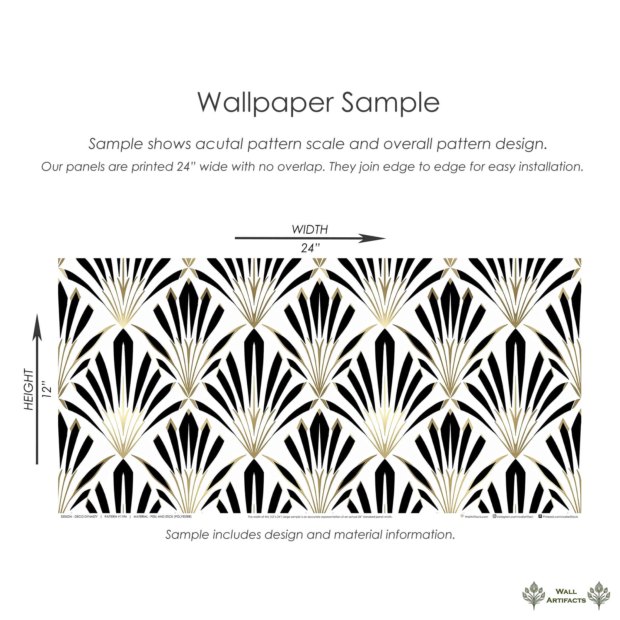 Deco Dynasty wallpaper sample with black and white Art Deco geometric fan motifs and gold lines; ideal for sophisticated design spaces.