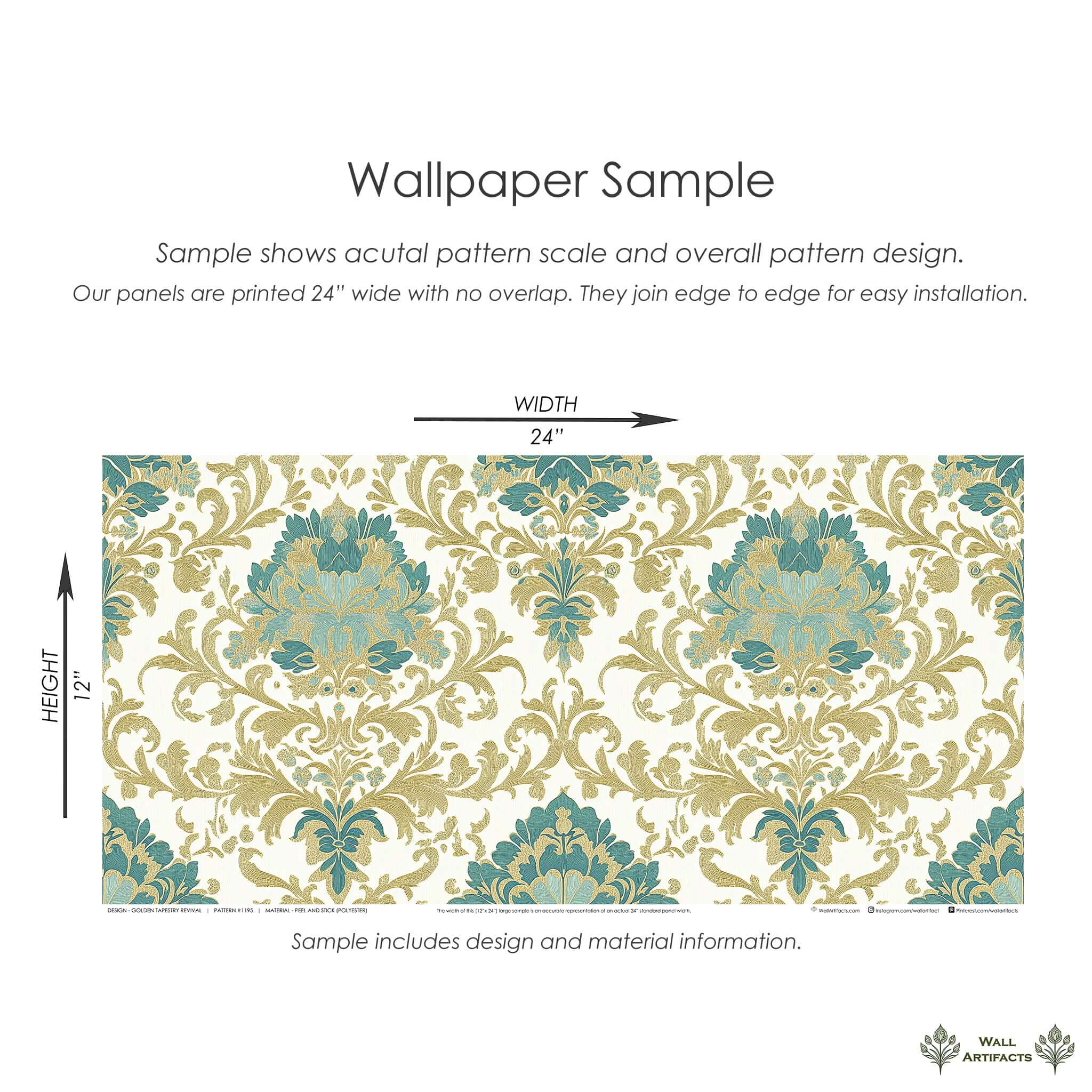 Golden Tapestry Revival wallpaper sample with teal and gold damask floral design, ideal for classic and timeless interiors.