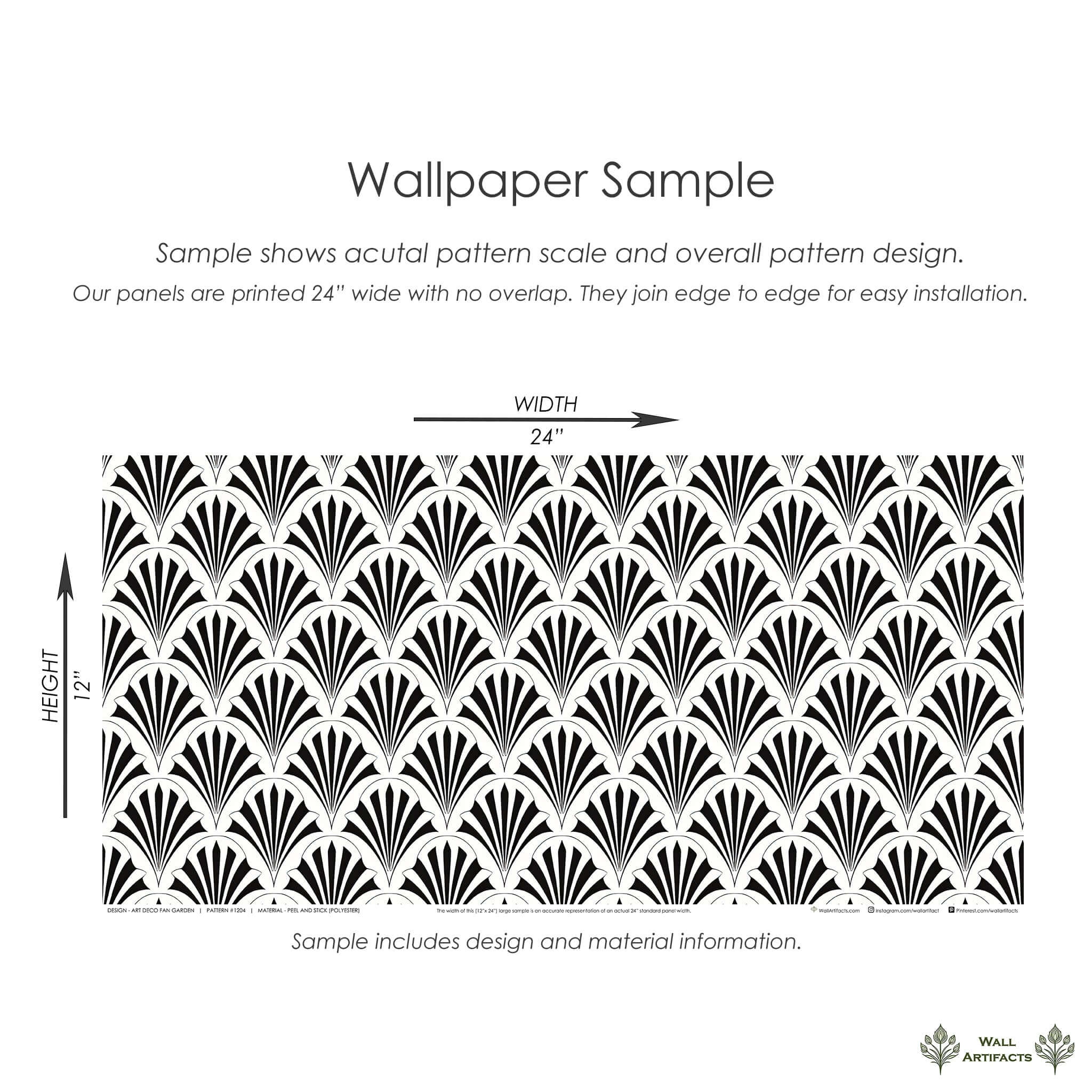 Art Deco Fan Garden Wallpaper sample with black geometric fan patterns on a white background, showcasing 1920s design elegance.