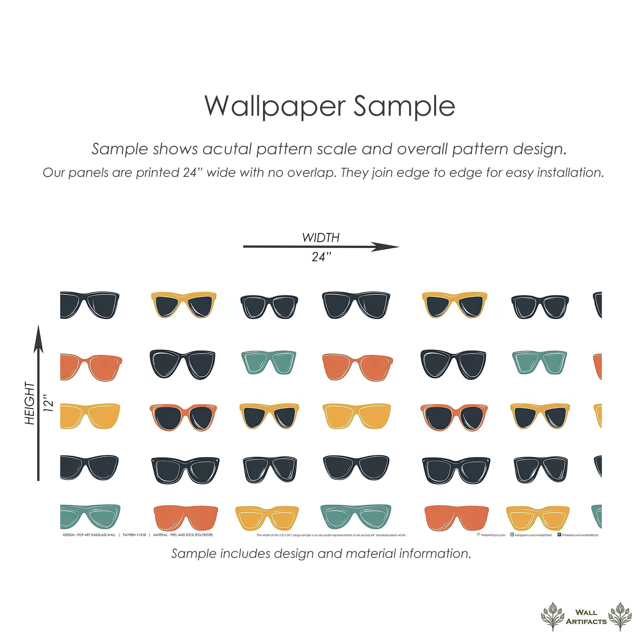 Pop art sunglass wallpaper sample showcasing retro, colorful sunglasses in rows. Perfect for coastal, mid-century modern design.