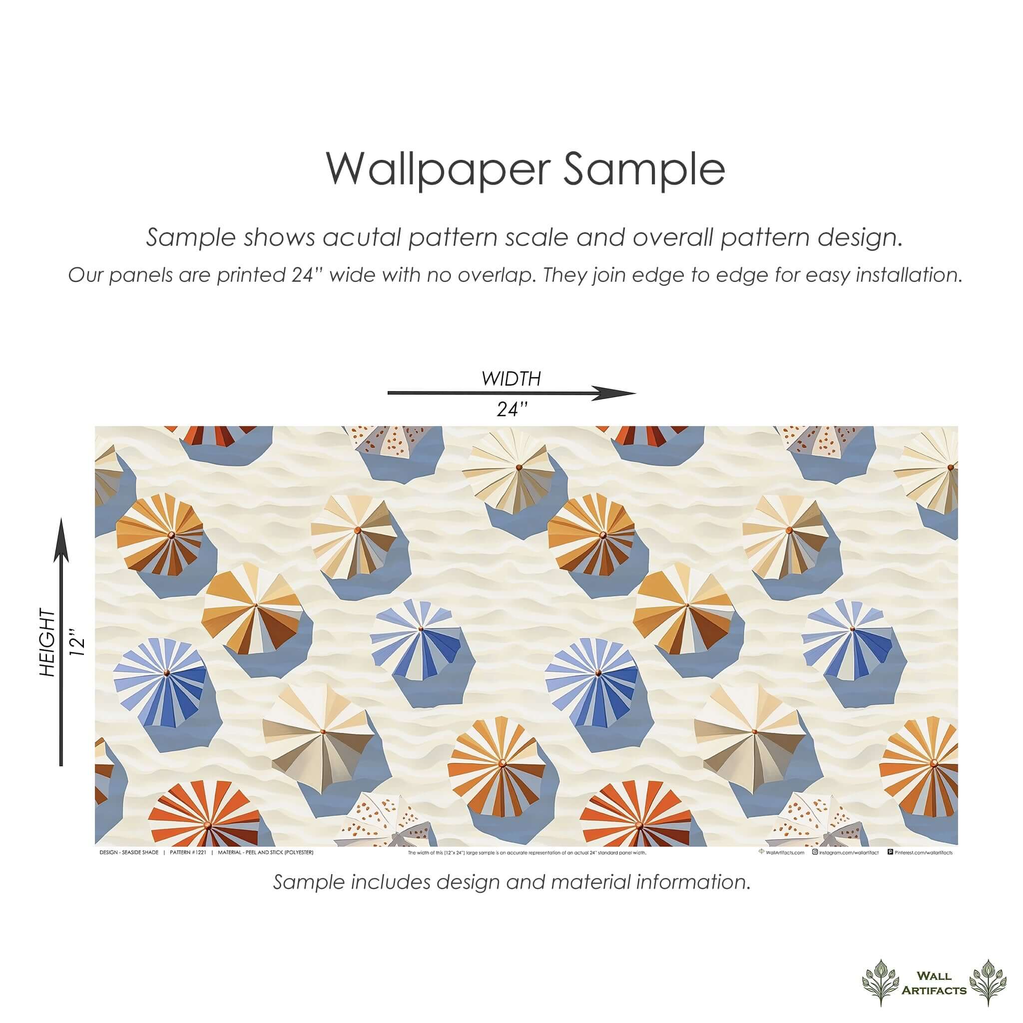 Wallpaper sample showcasing seaside shade design with beach umbrellas casting shadows on sand, ideal for coastal-themed interiors.