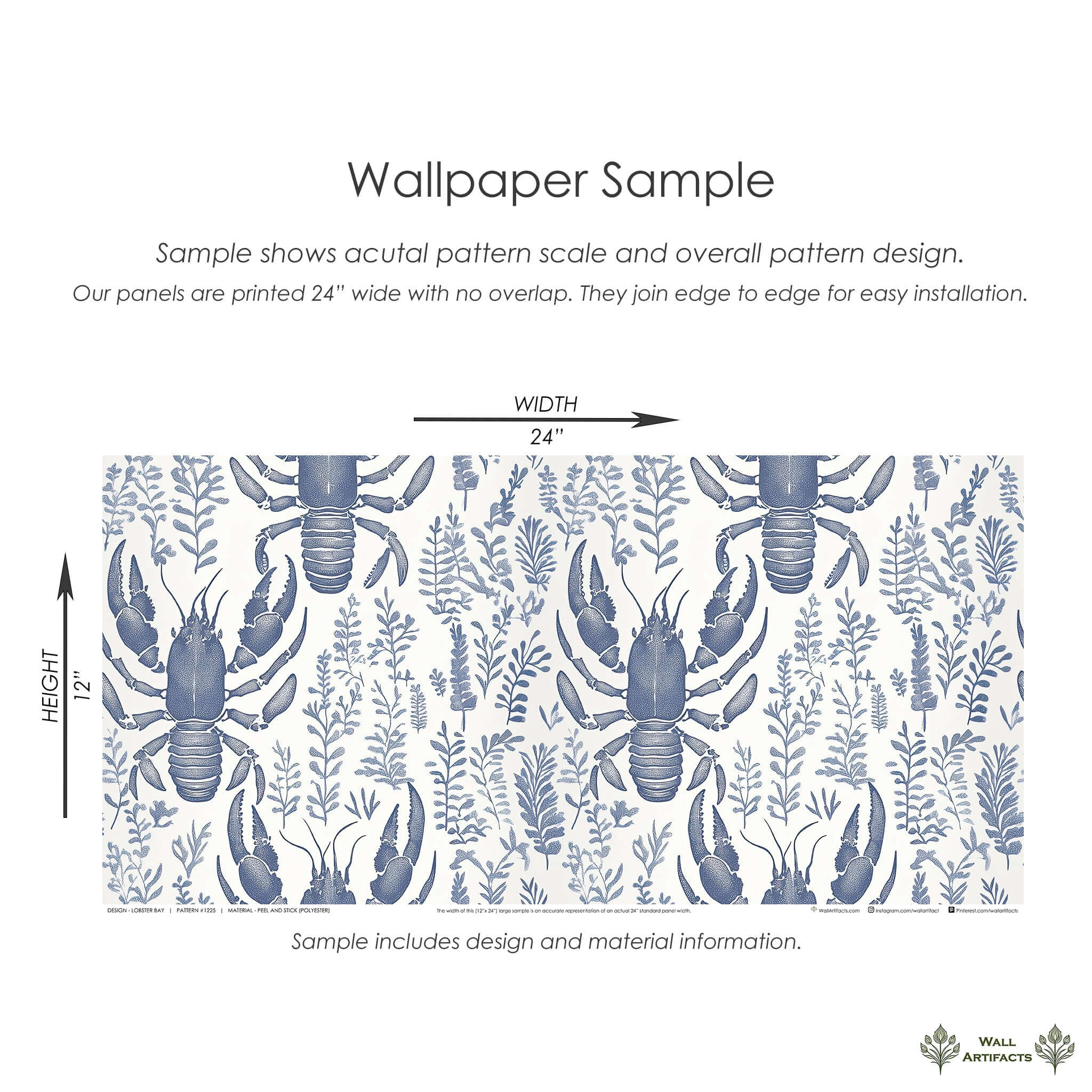 Sample of Lobster Bay wallpaper with navy lobsters and botanical patterns on an ivory background, showcasing coastal and marine themes.