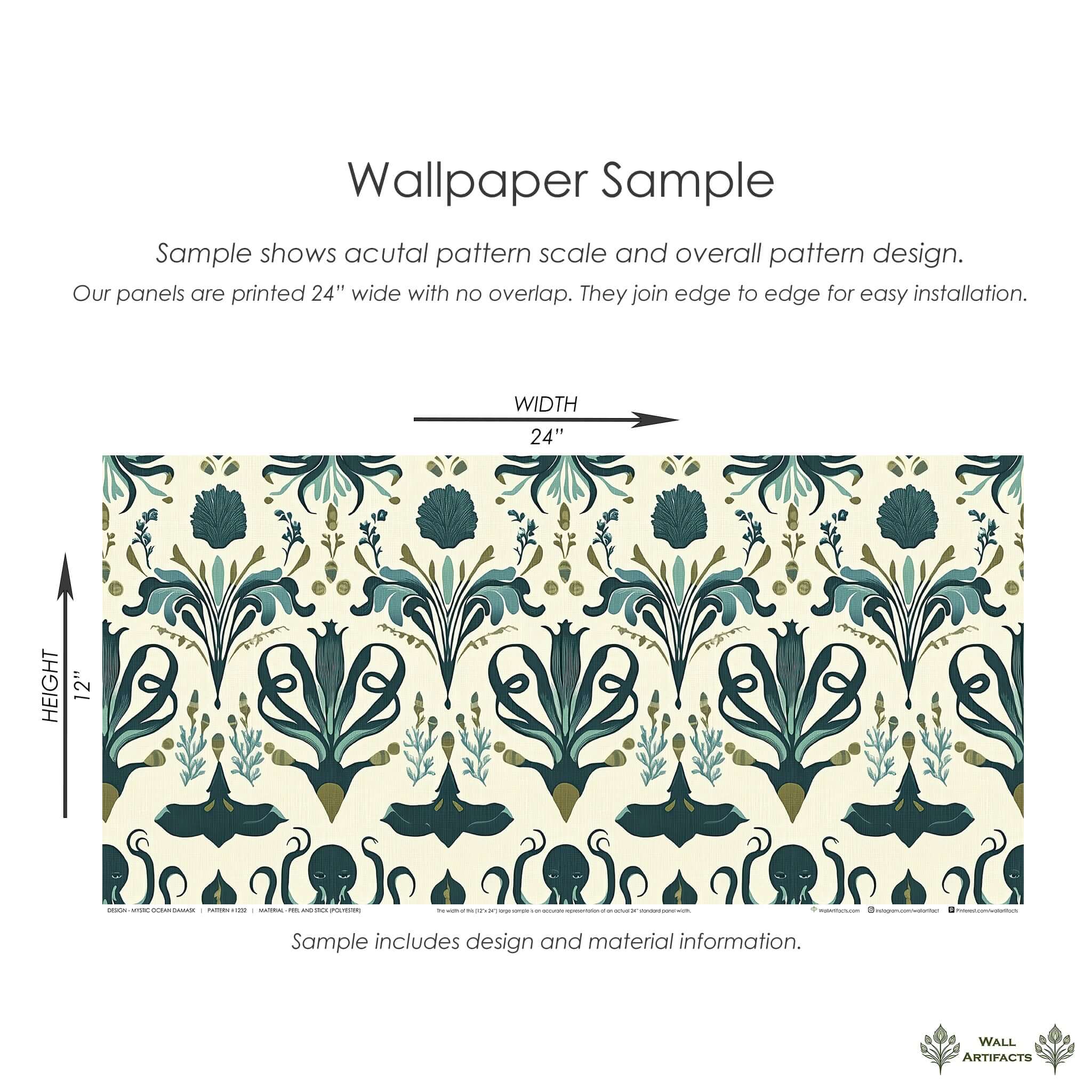 Sample of Mystic Ocean Damask wallpaper showcasing ocean-themed patterns with octopus, squid, and marine life in green and teal hues.