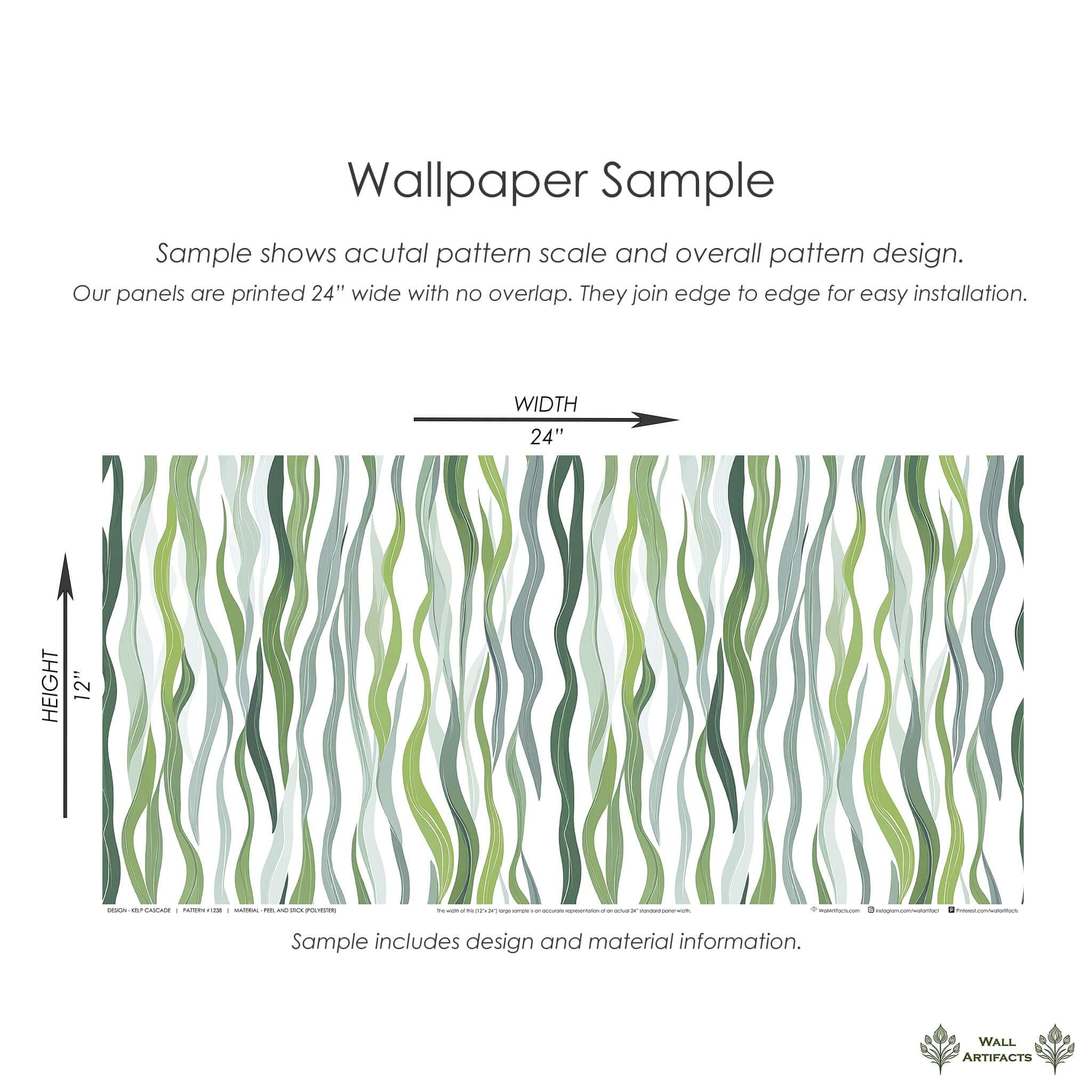 Kelp Cascade coastal wallpaper sample with green ocean-inspired vertical strands for marine-themed decor.