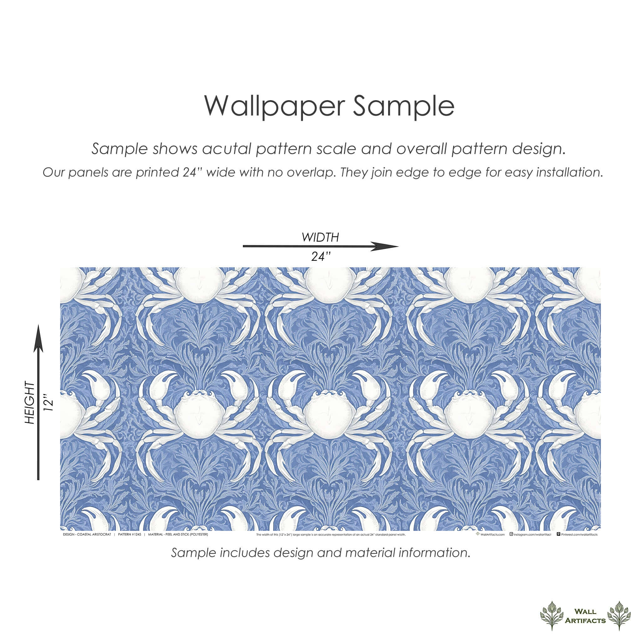 Coastal Aristocrat Wallpaper with white crabs and sea foliage on blue, offering maritime damask elegance for coastal interiors.