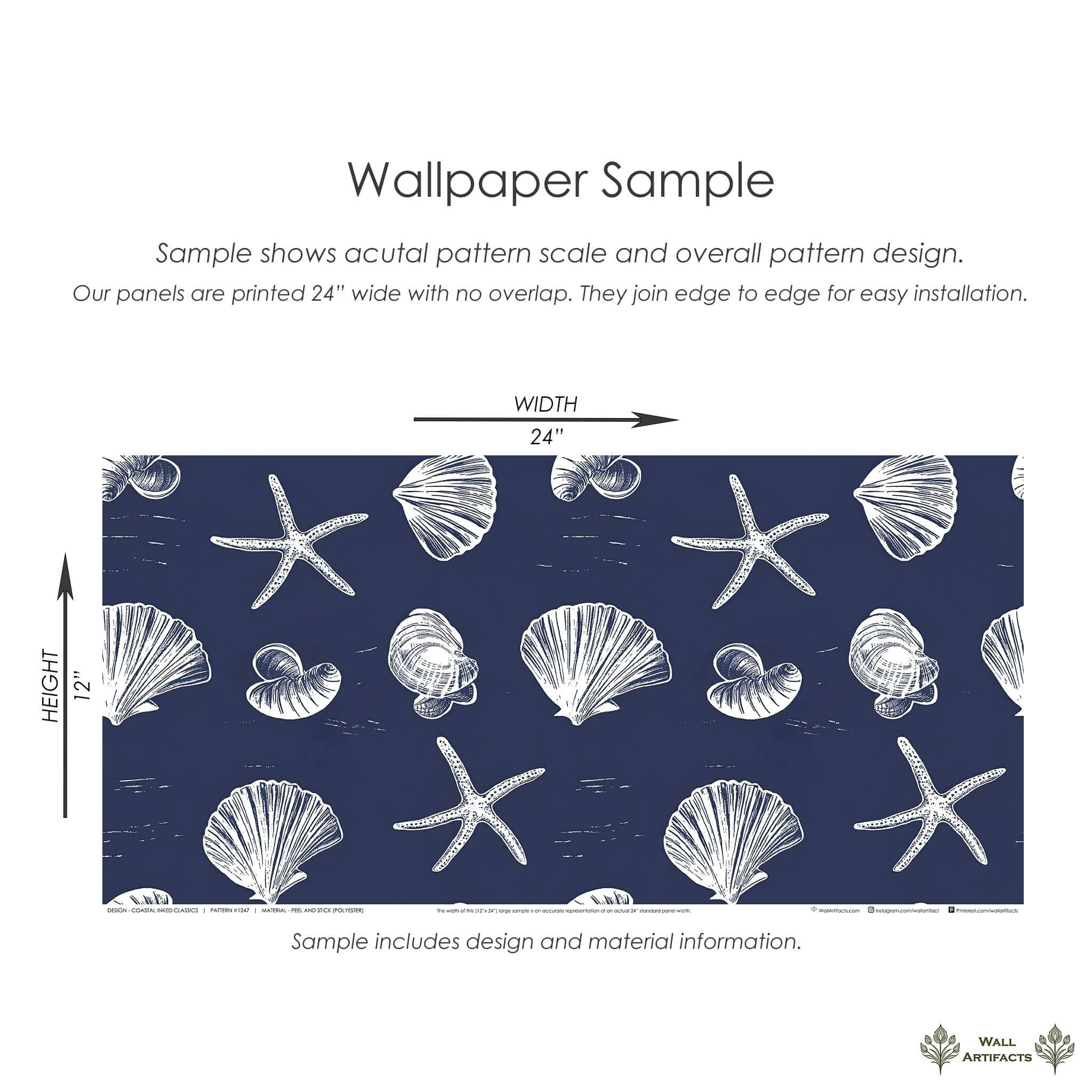 Coastal Inked Classics wallpaper with starfish and seashells on navy background, ideal for beach-themed decor and nautical spaces.