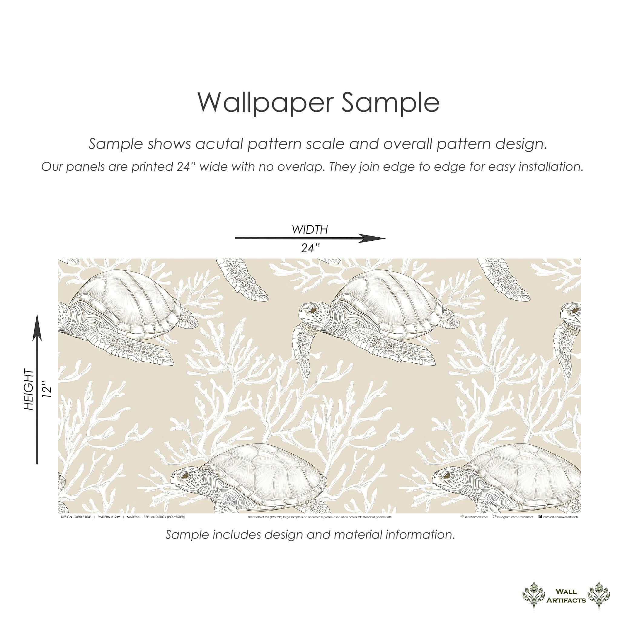 Turtle Tide coastal wallpaper sample with turtles, coral, and seaweed on a sand-colored background. Ideal for beach house decor.