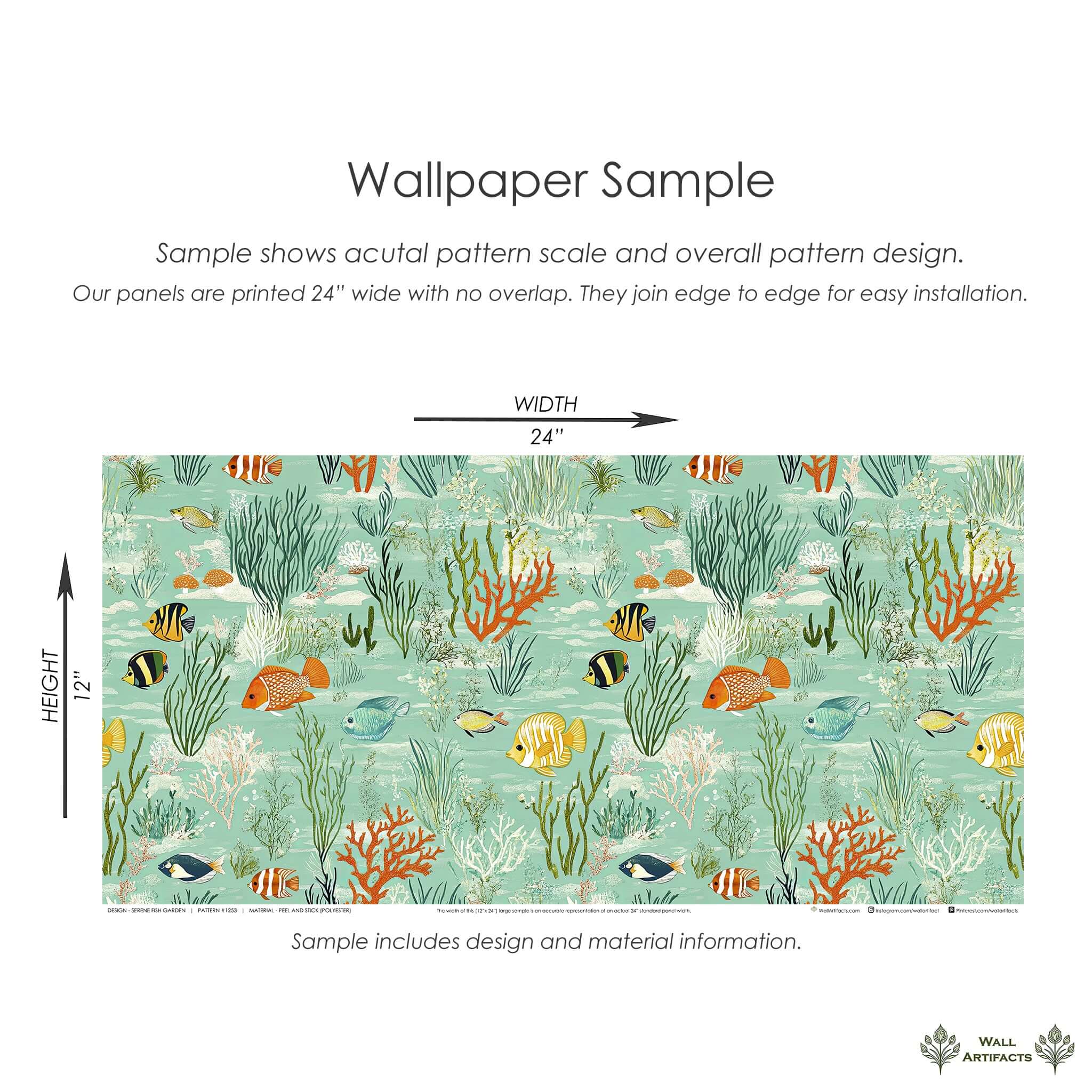 Serene Fish Garden wallpaper sample with tropical fish, coral, and seaweed in vibrant ocean hues, ideal for coastal decor.