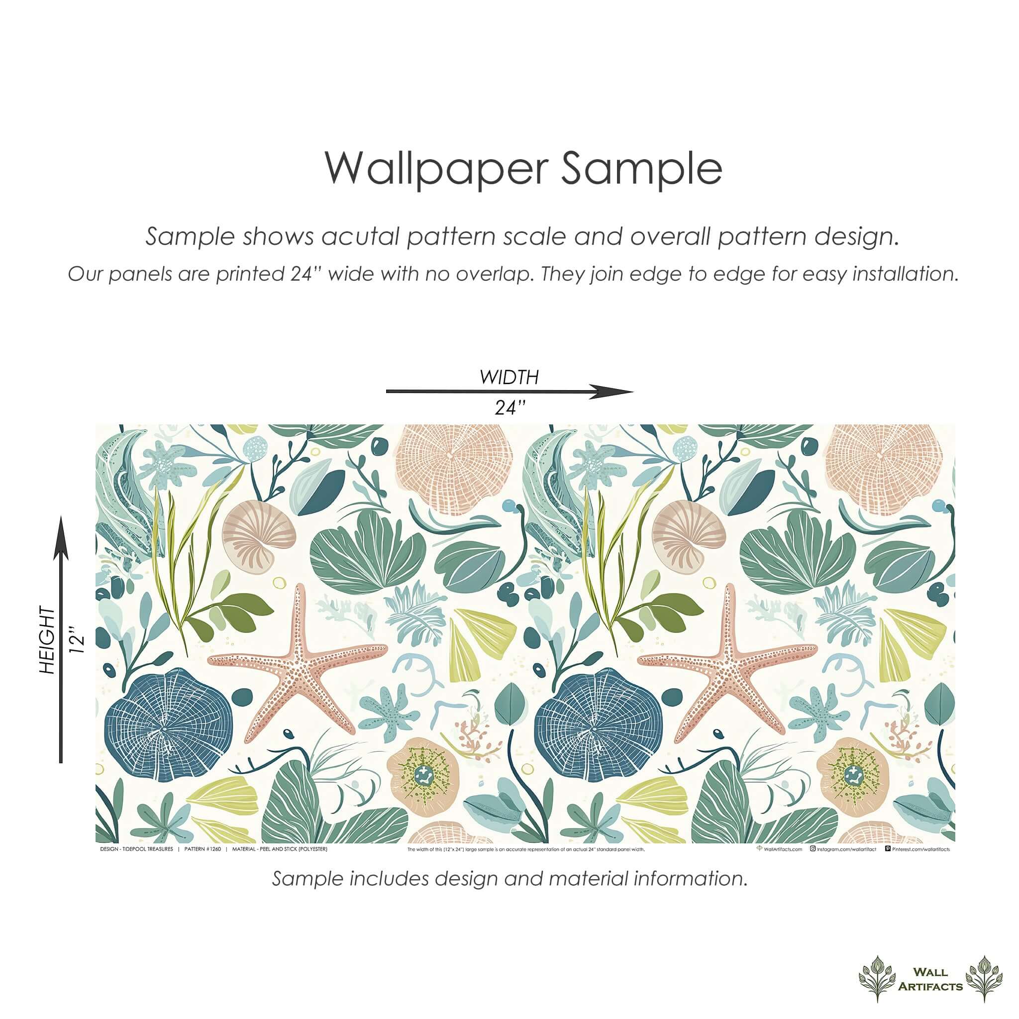 Tidepool Treasures Wallpaper sample with starfish, seashells, seaweed in soothing coastal colors, perfect for ocean-inspired decor.