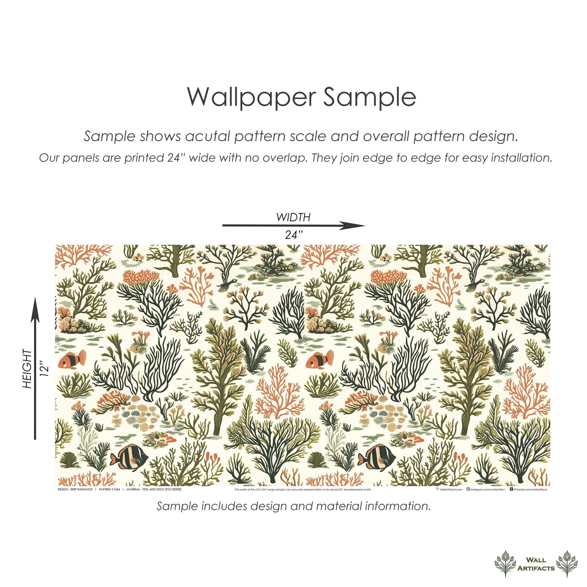 Reef Radiance coastal wallpaper sample with hand-drawn coral, seaweed, and fish in earthy green, coral, and cream tones.