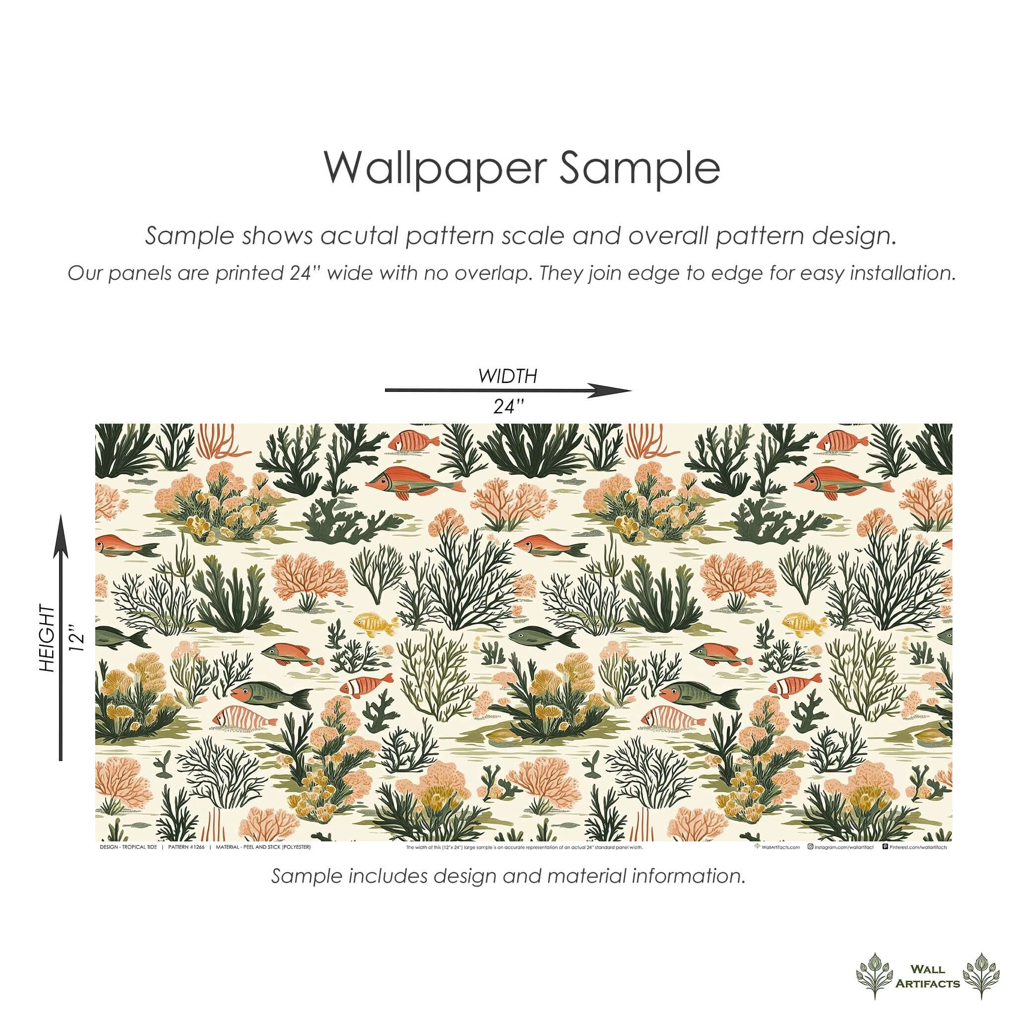Tropical Tide wallpaper sample featuring coral reefs, seaweed, and fish in a coastal design by Wall Artifacts.