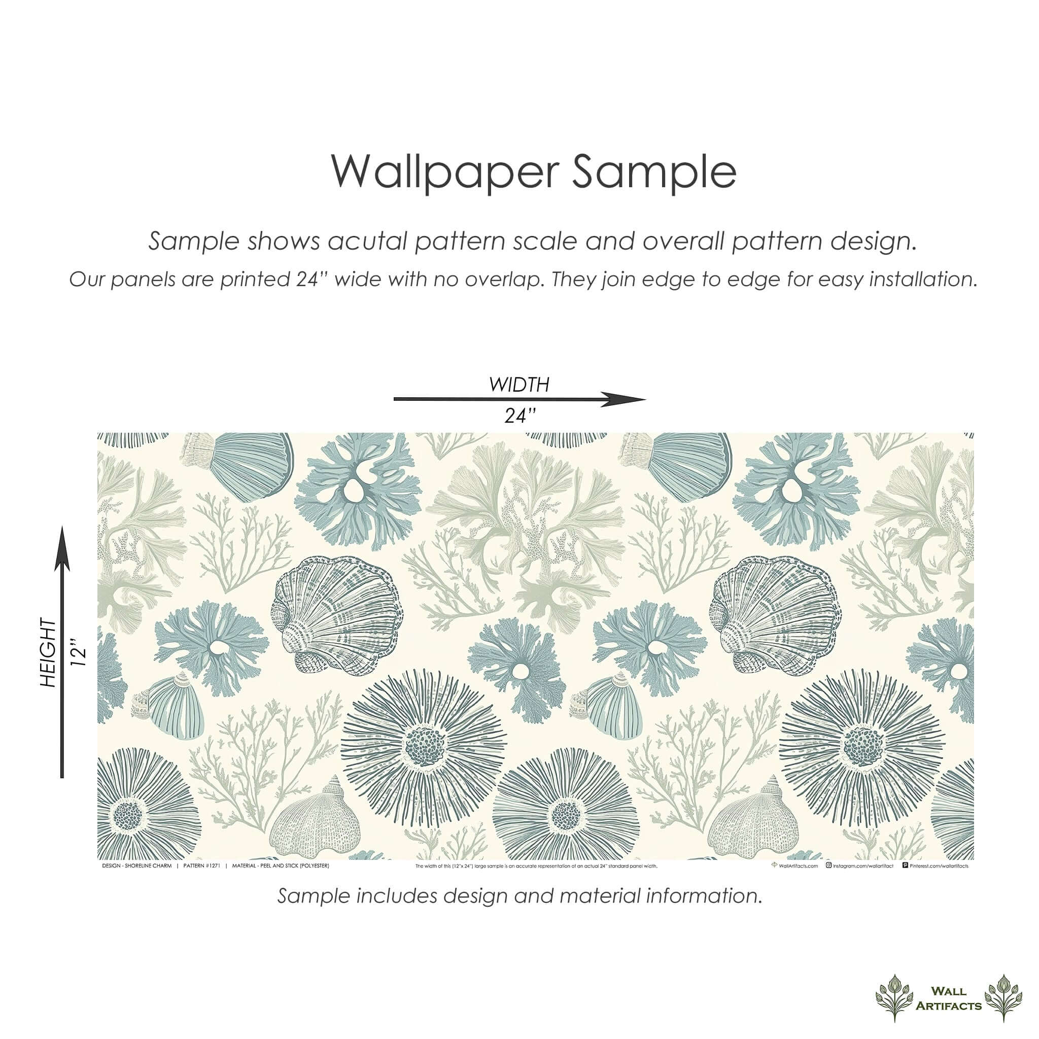 Sample of Shoreline Charm wallpaper featuring seashells and coral on a coastal blue and sandy background, ideal for beach decor.