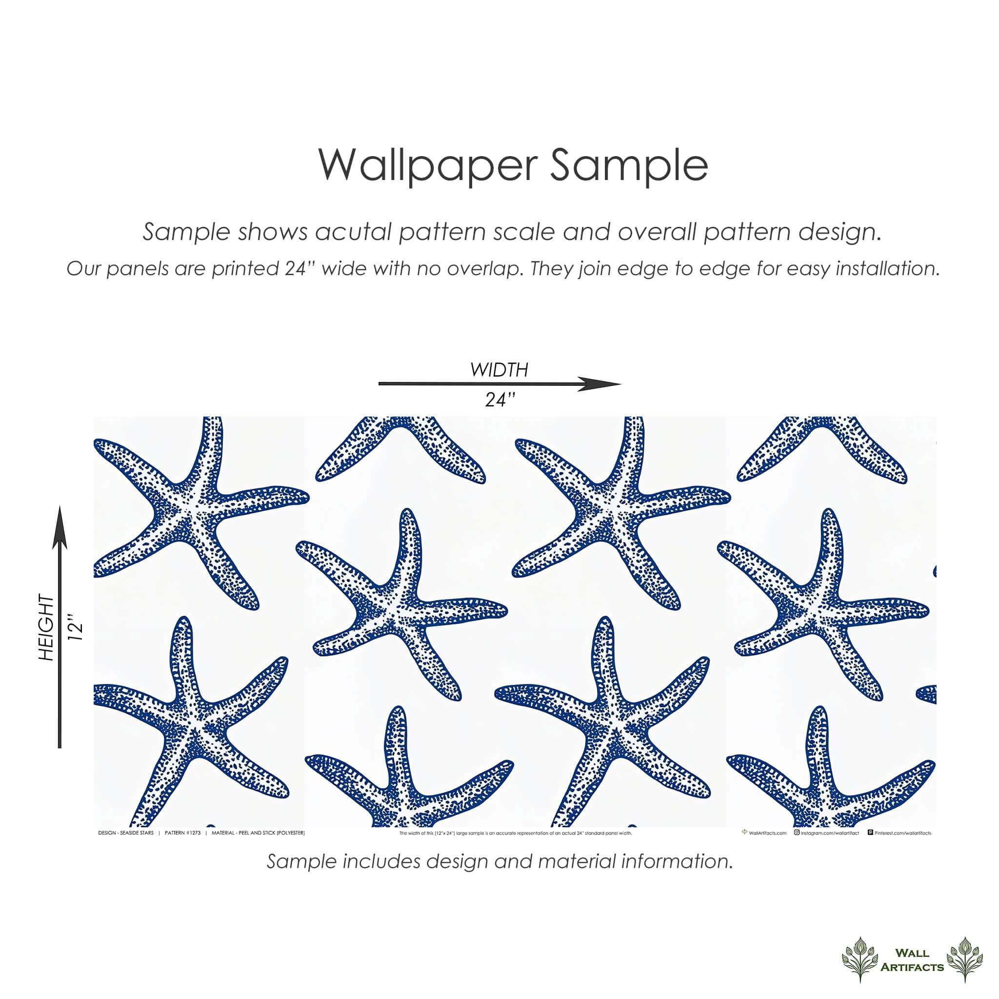 "Seaside Stars wallpaper sample featuring large blue starfish on white, perfect for a coastal beach-themed modern room design."