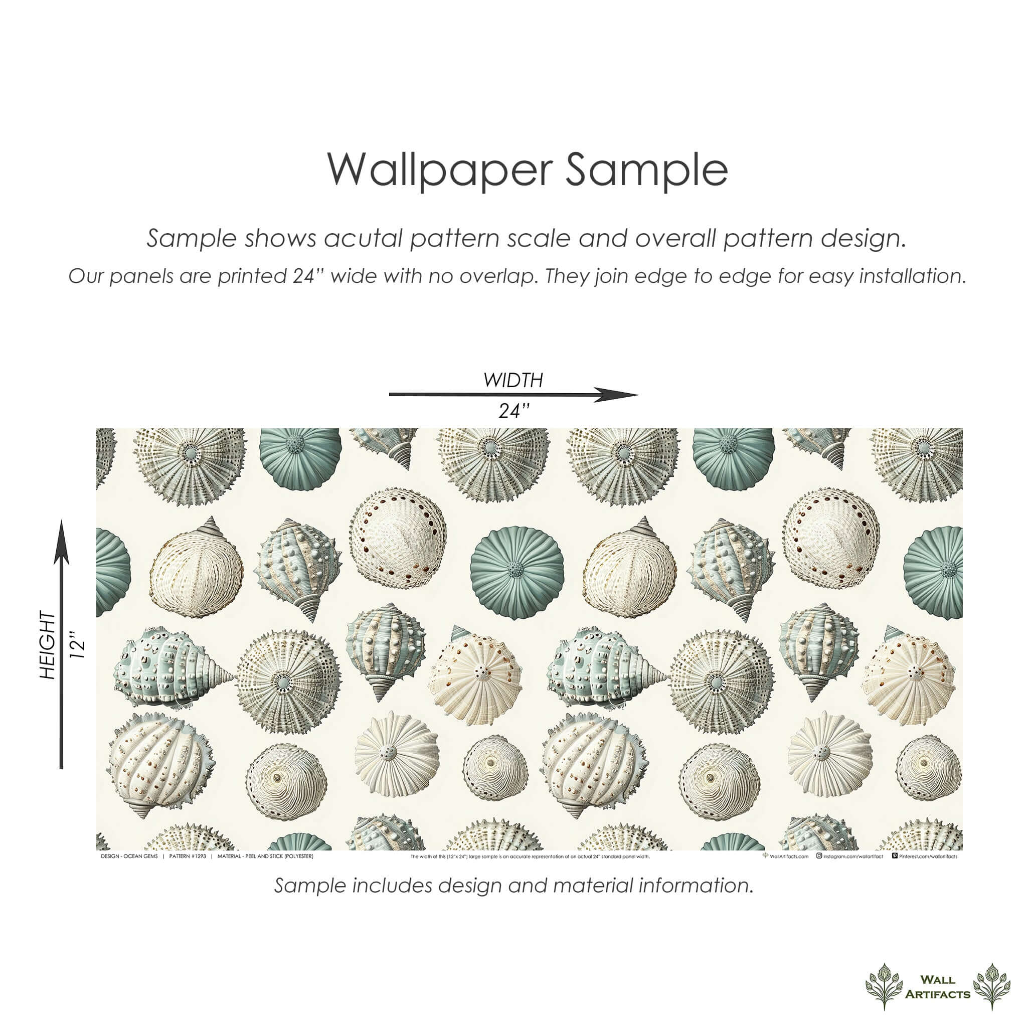 Ocean Gems coastal wallpaper with seashells, perfect for modern beach-inspired interiors. Sample shows pattern scale and design.