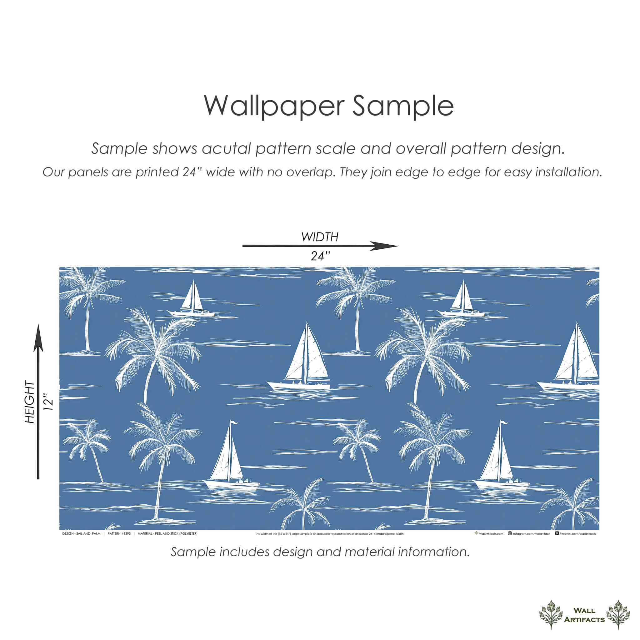Sail and Palm coastal wallpaper sample with sailboats, palm trees; blue French toile for beach houses, evoke oceanic tranquility.