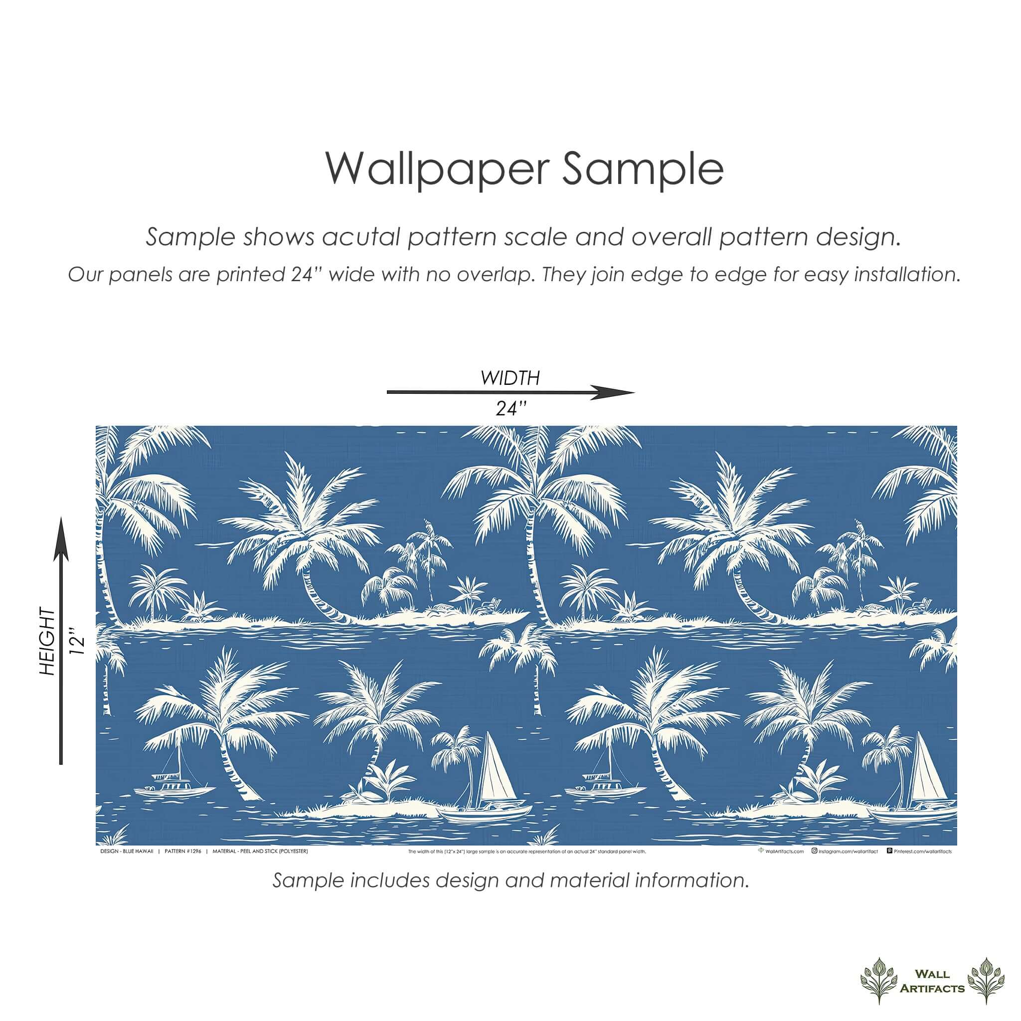 "Blue Hawaii" wallpaper sample featuring white palm trees, sailboats on ocean-blue background, ideal for coastal, toile-inspired decor.
