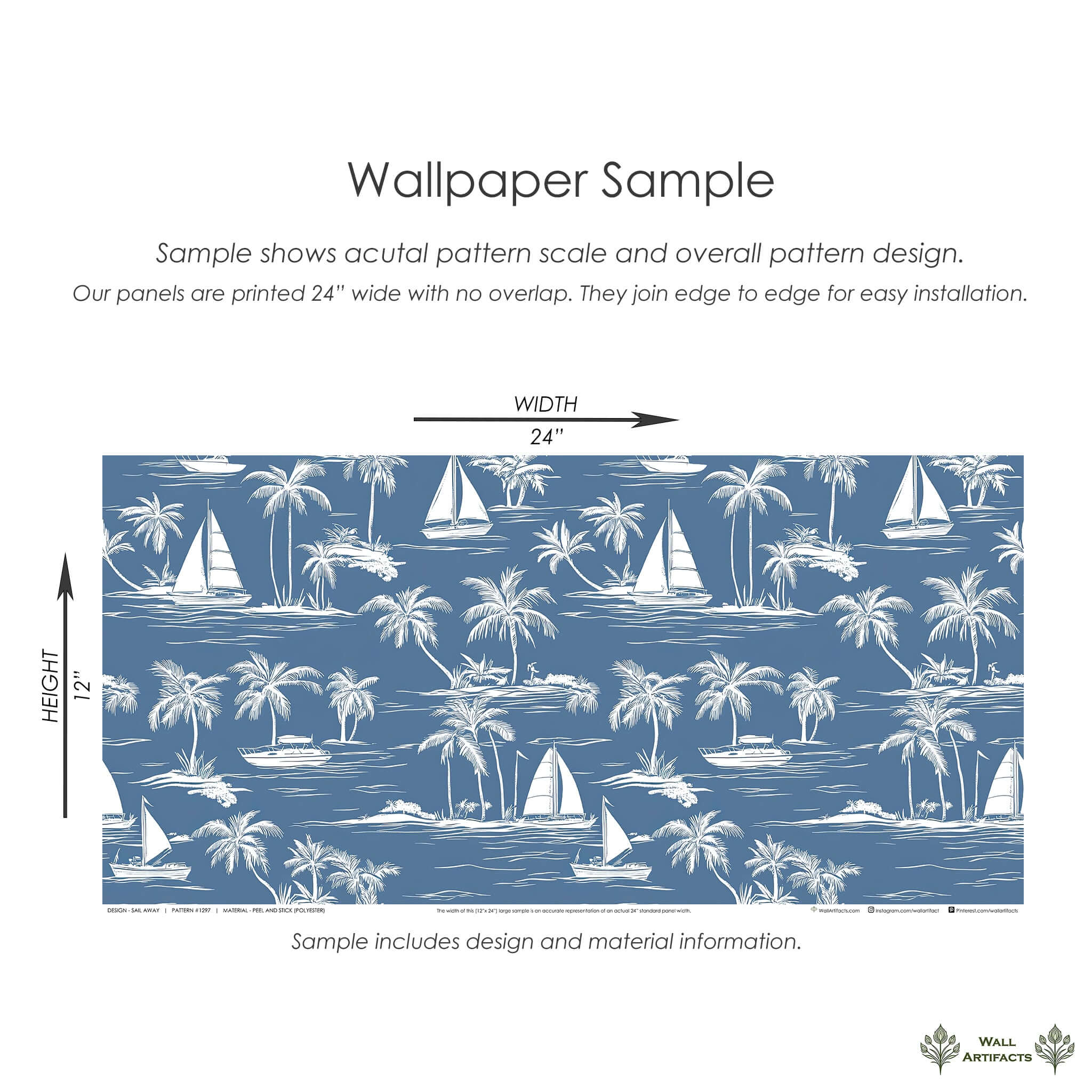 Sail Away Wallpaper sample: coastal design with sketch sailboats, palm trees, and blue background. Perfect toile and French toile style.