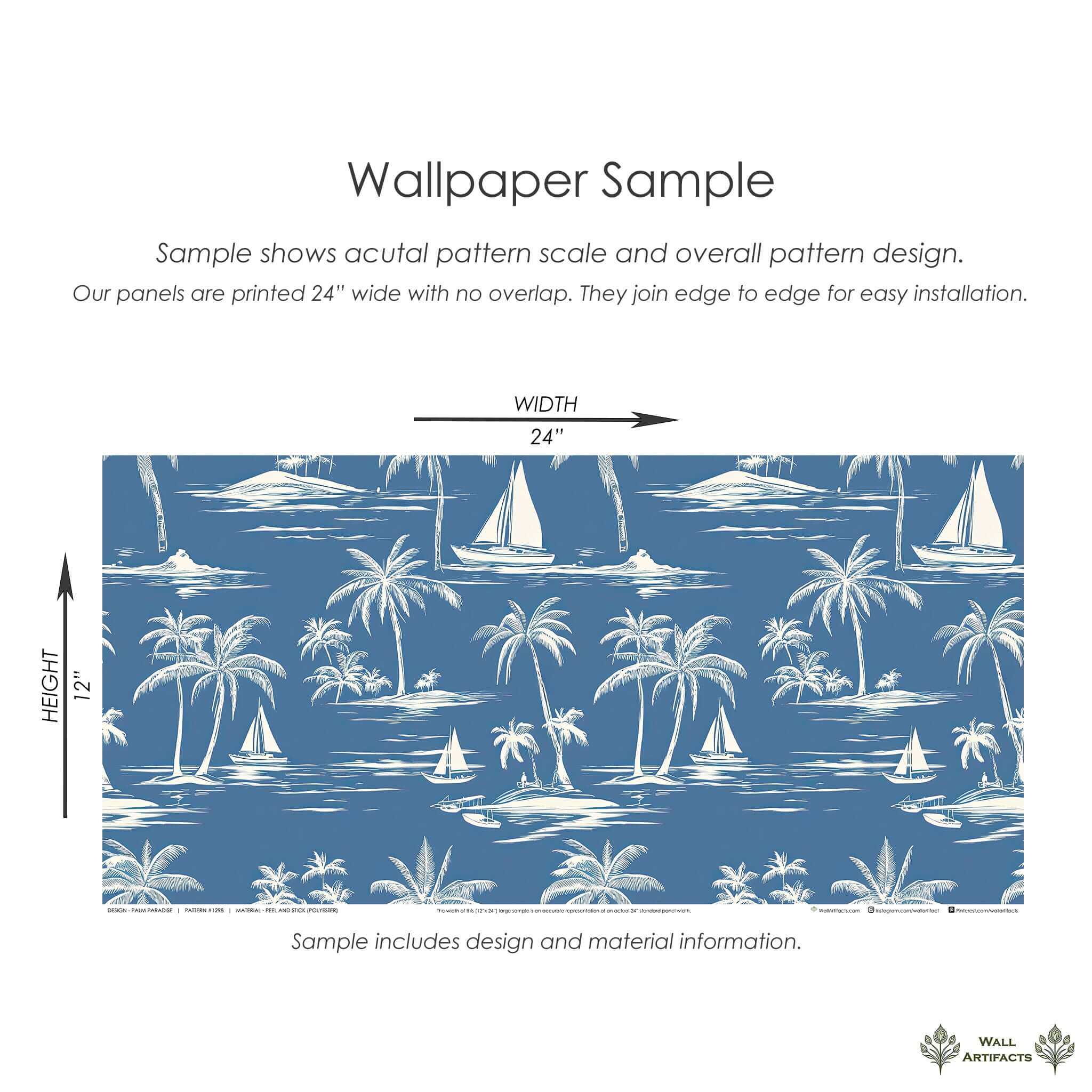 Palm Paradise wallpaper sample featuring toile design with palm trees, sailboats, and tranquil blue sea; ideal coastal decor.