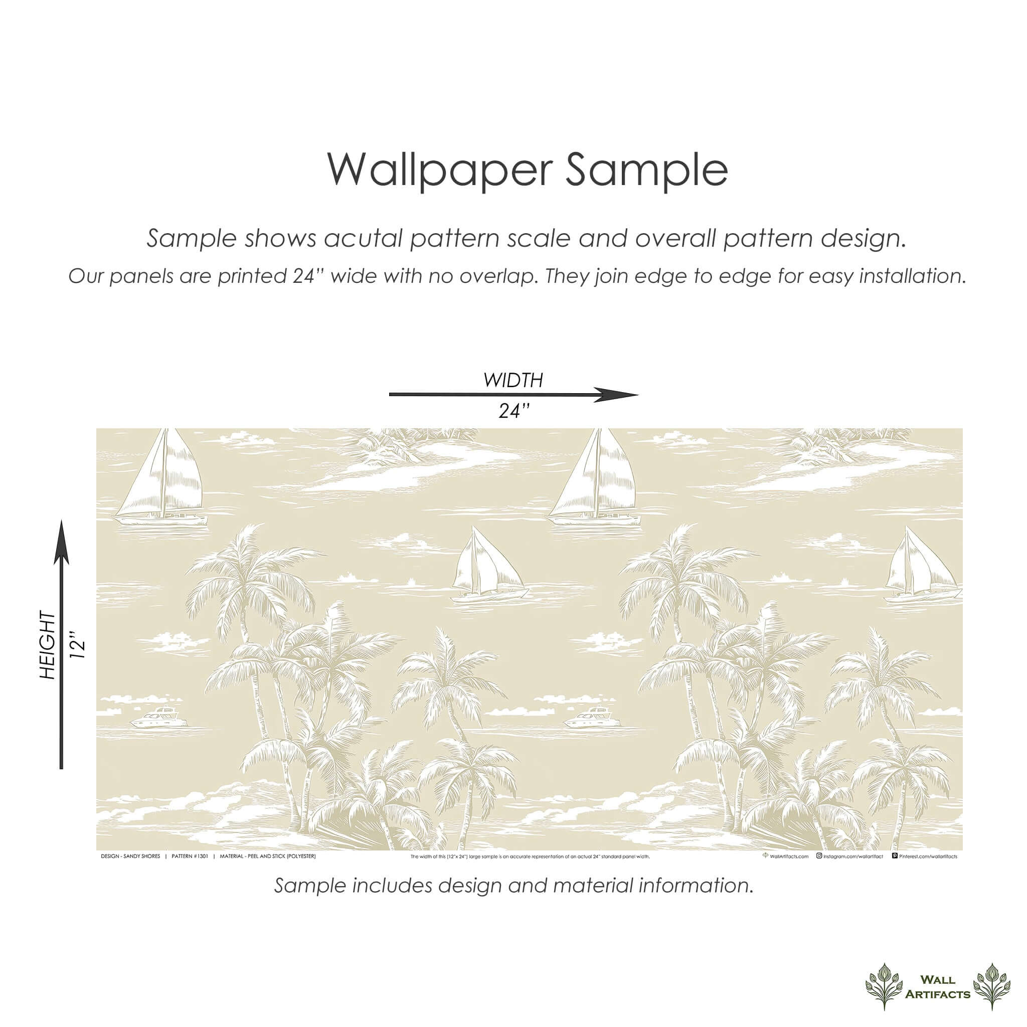 Sandy Shores wallpaper sample with palm trees, sailboats, and waves in sand hues, ideal for coastal and beach-themed interiors.