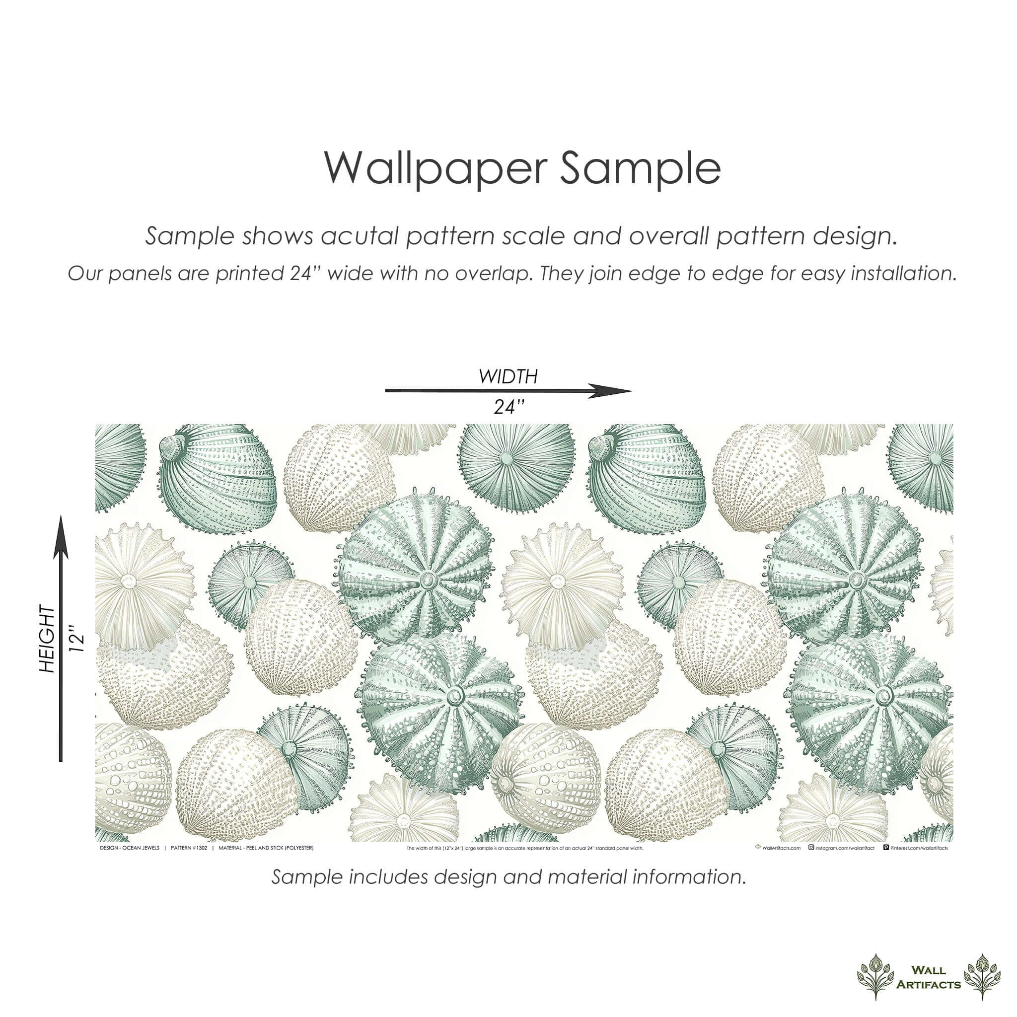 Ocean Jewels wallpaper sample with sea urchin and seashell design in green, cream, and blue tones. Coastal modern beach decor.
