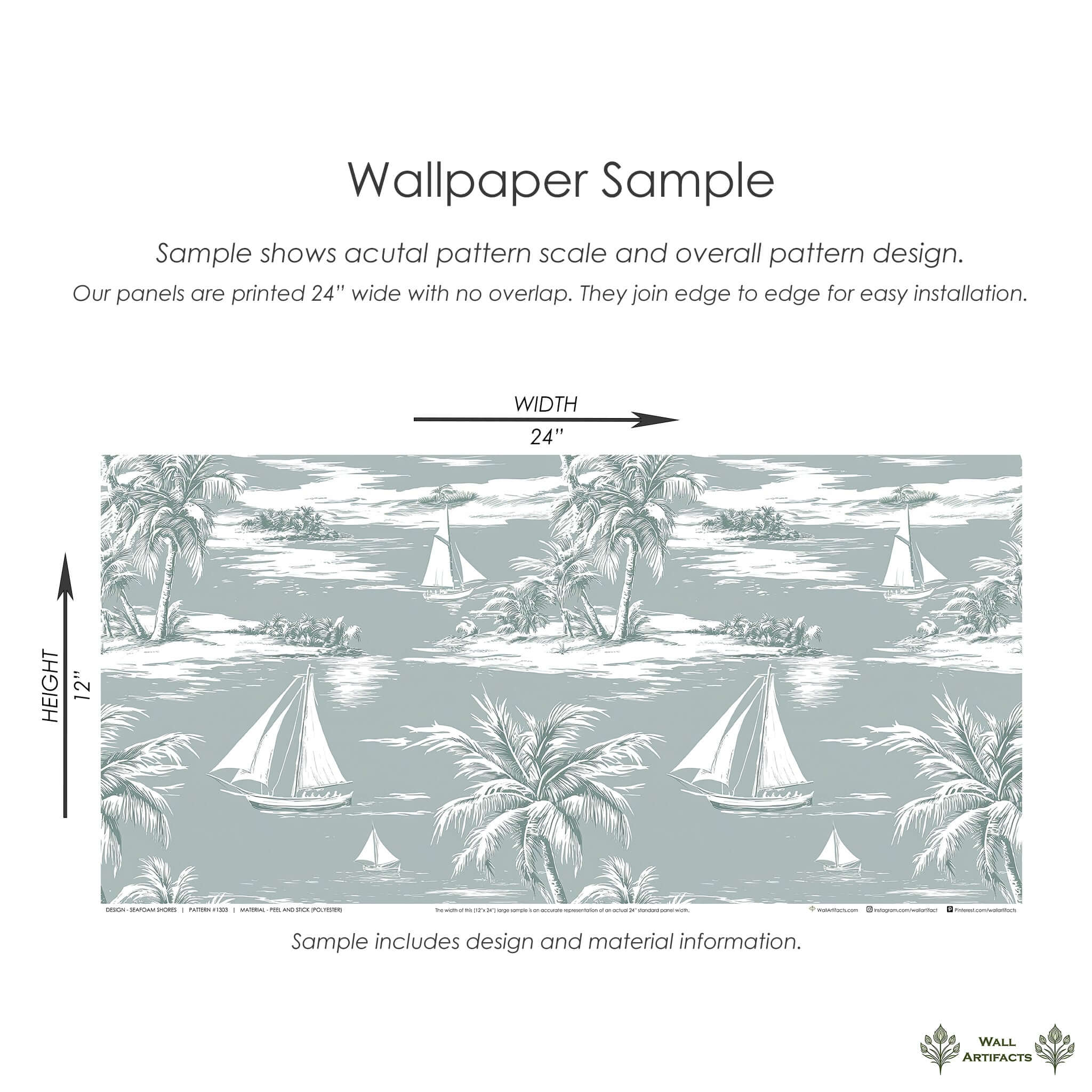 Seafoam Shores wallpaper featuring sailboats, palm trees on ocean background, perfect for coastal and nautical-themed decor.