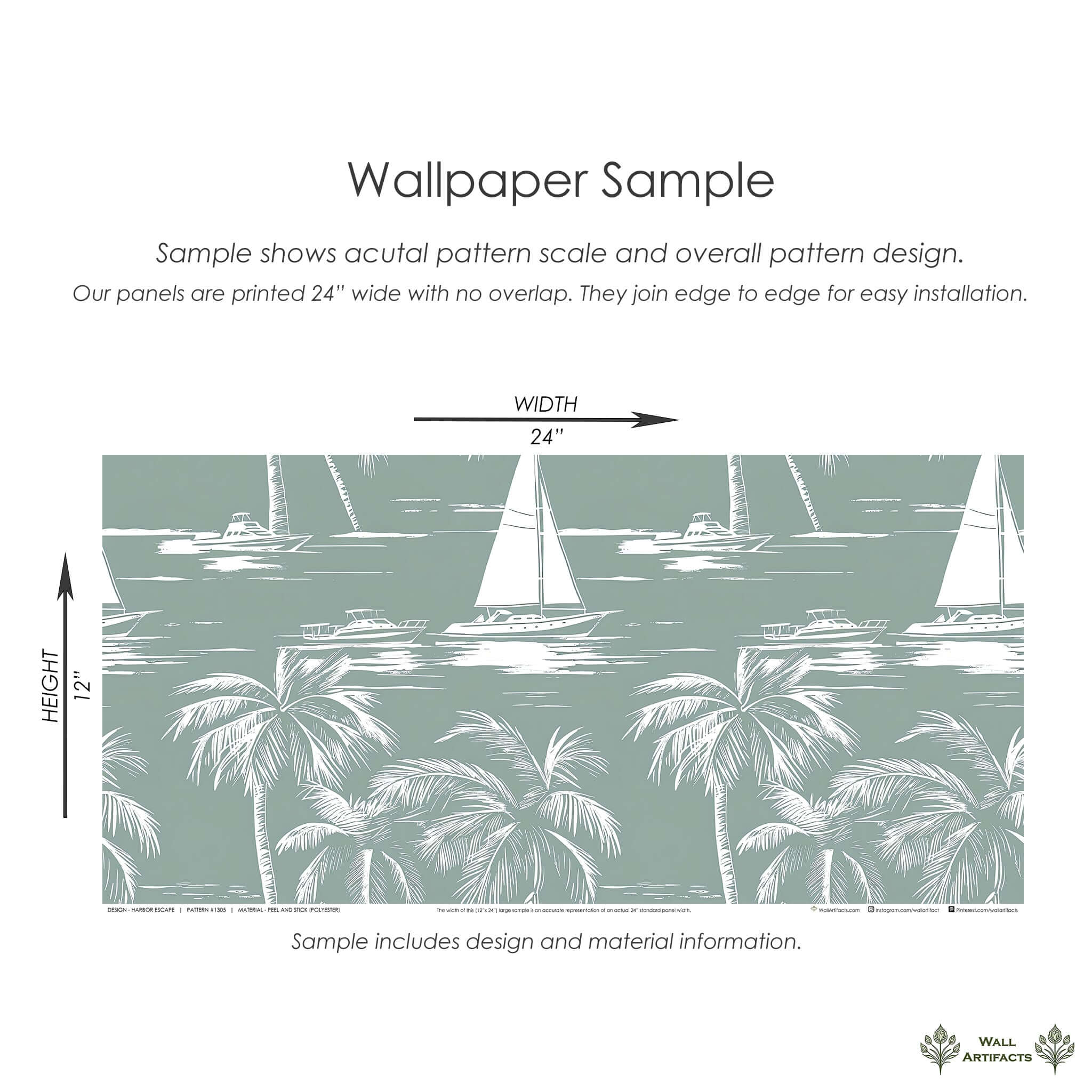 Seafoam green 'Harbor Escape' wallpaper with boats, palm trees; perfect coastal theme. Sample shows pattern scale.
