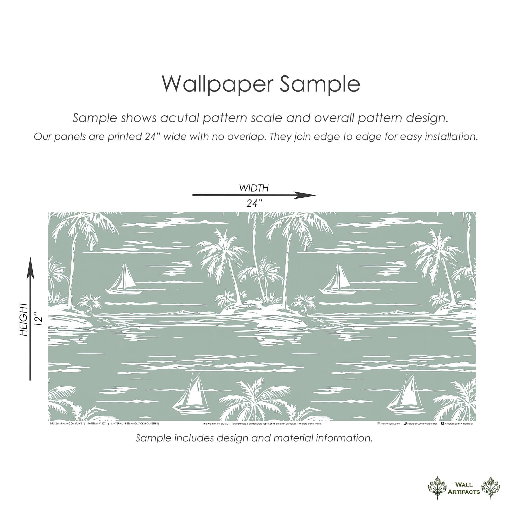 Palm Coastline wallpaper in sage green with sailboats, palm trees, and coastal scene by Wall Artifacts, perfect for coastal spaces.