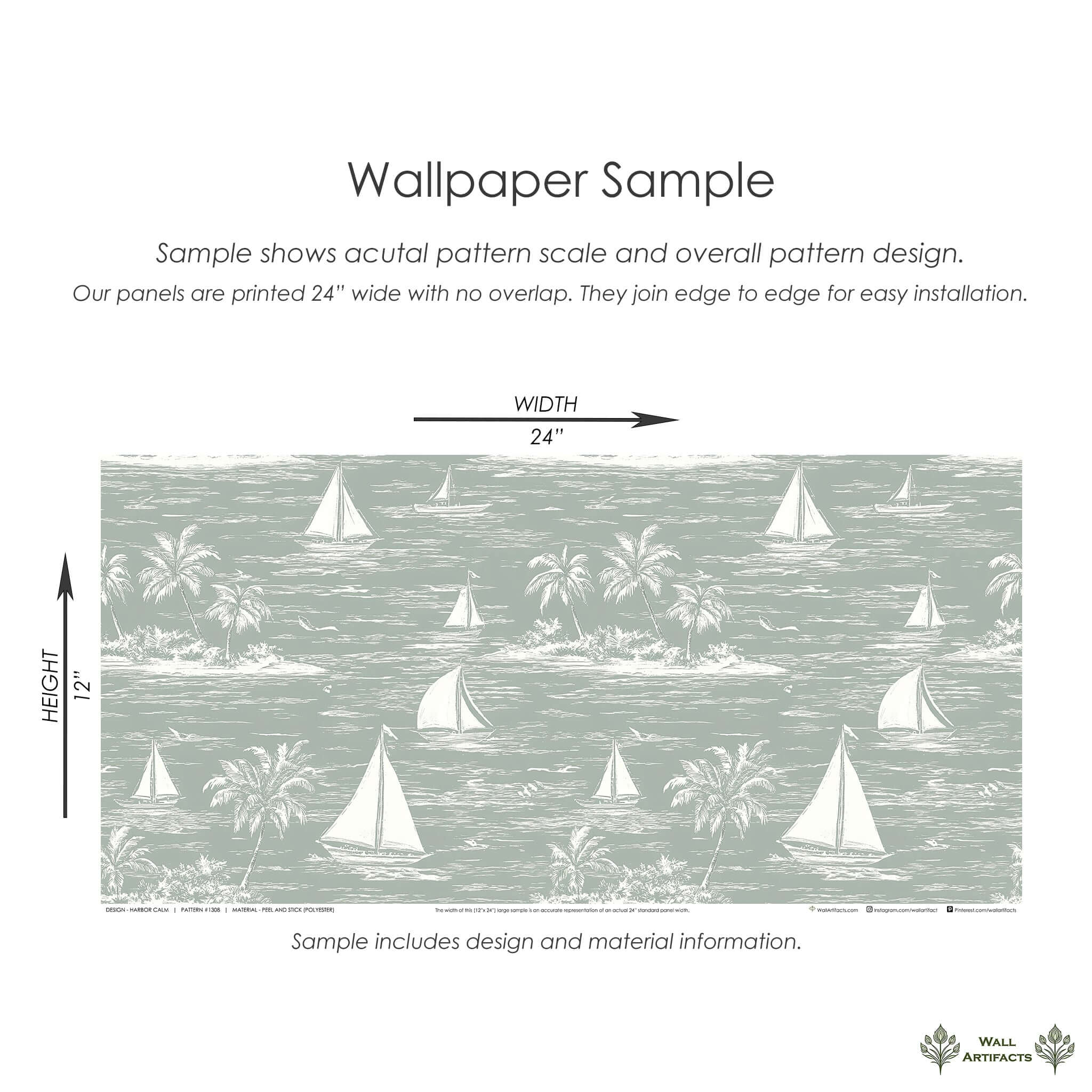Harbor Calm wallpaper sample with sailboats, palm trees, and ocean on a coastal toile design background.