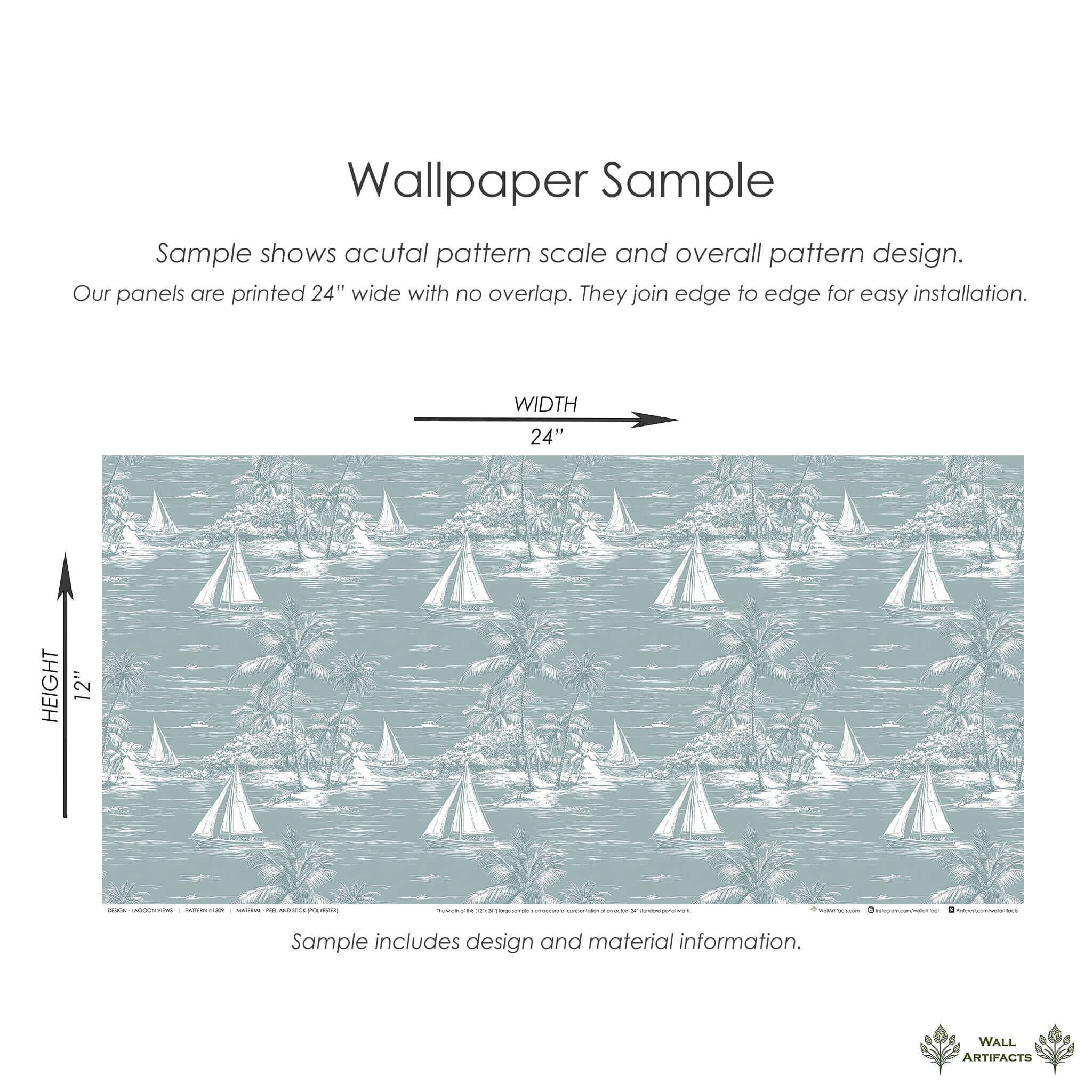 Lagoon Views wallpaper sample showing coastal design with sailboats, palm trees, and ocean, ideal for boating and harbor themes.