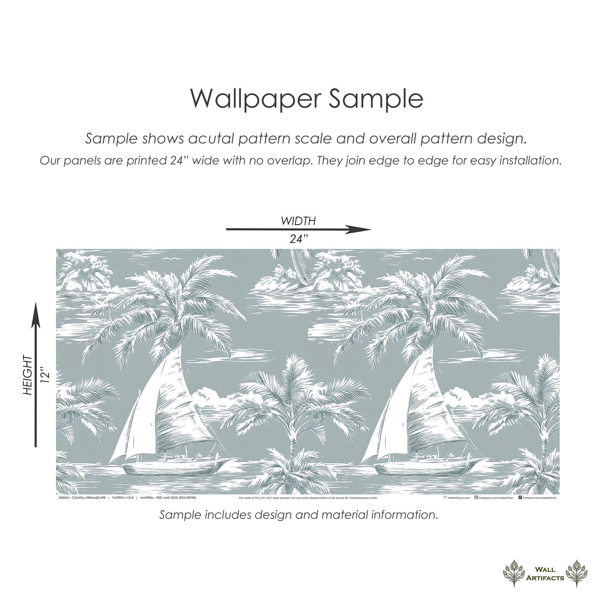 Coastal Dreamscape wallpaper sample with sailboats, palm trees, ocean, and harbor design by Wall Artifacts.
