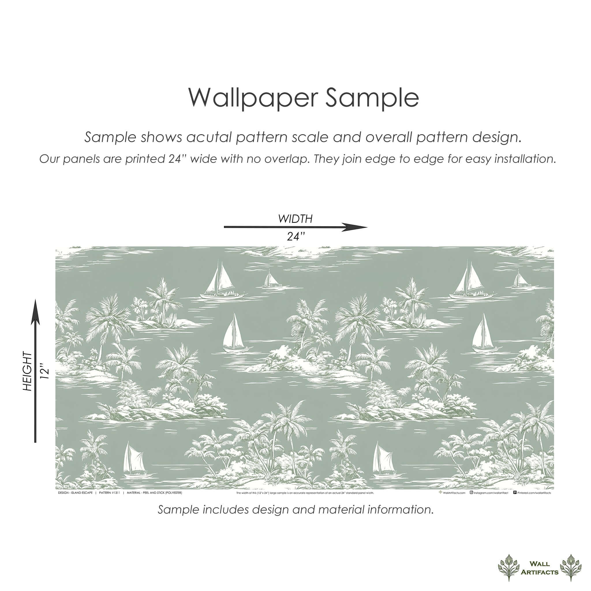 Island Escape Wallpaper sample featuring boats, palm trees, and ocean scenery for coastal décor, perfect for beach homes.