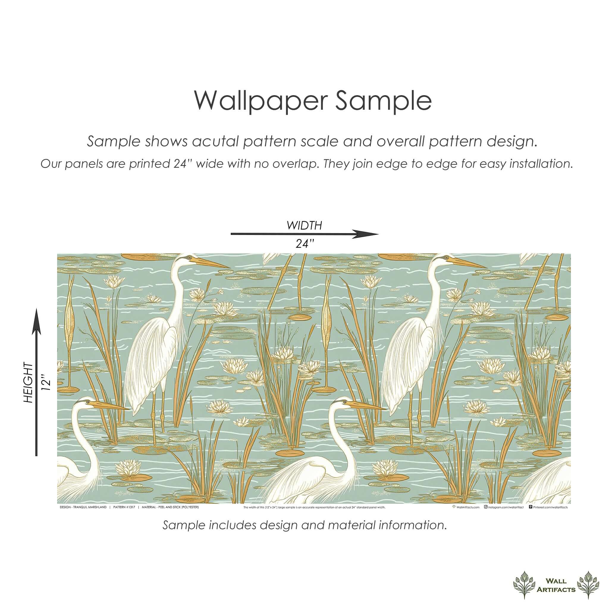 "Tranquil Marshland" wallpaper sample featuring blue herons in teal and tan marshland design with coastal plants by Wall Artifacts.