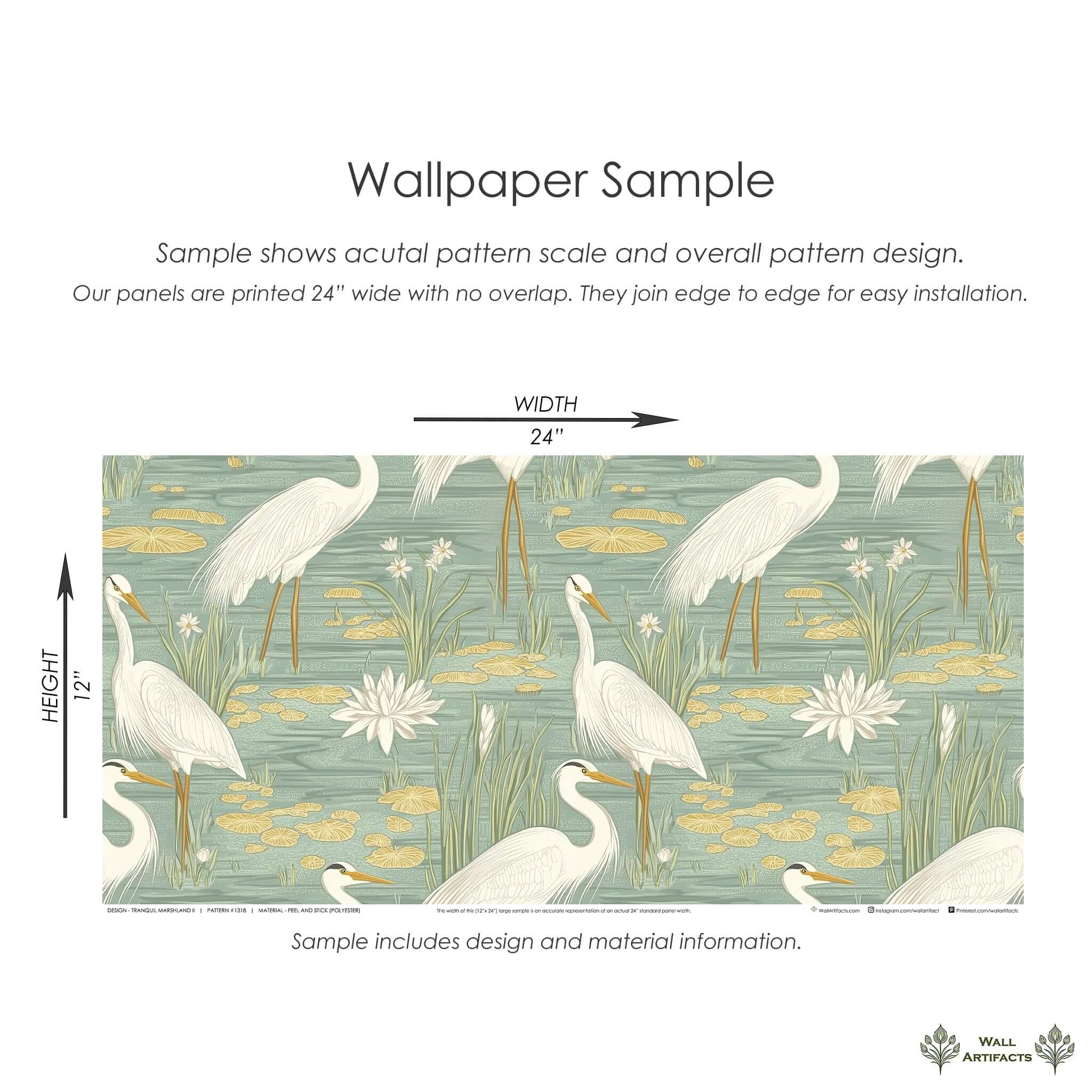 Tranquil Marshland II wallpaper sample with blue herons, water lilies, and reeds in teal and tan hues by Wall Artifacts.