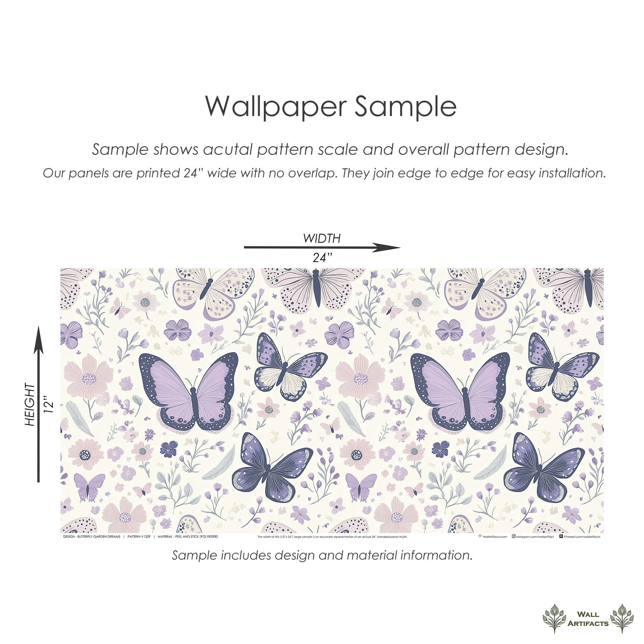 Butterfly Garden Dreams wallpaper sample with purple butterflies and florals, ideal for nursery and playroom decor.