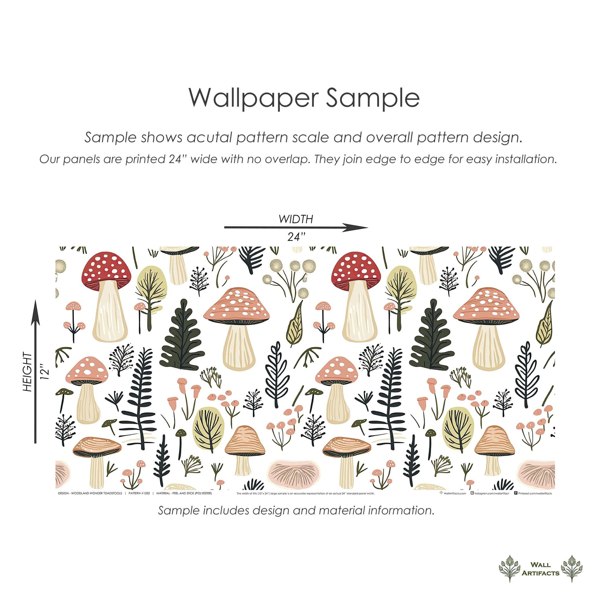 Woodland Wonder Toadstools wallpaper, featuring hand-drawn mushrooms and plants for a modern nursery or playroom, 24-inch sample.