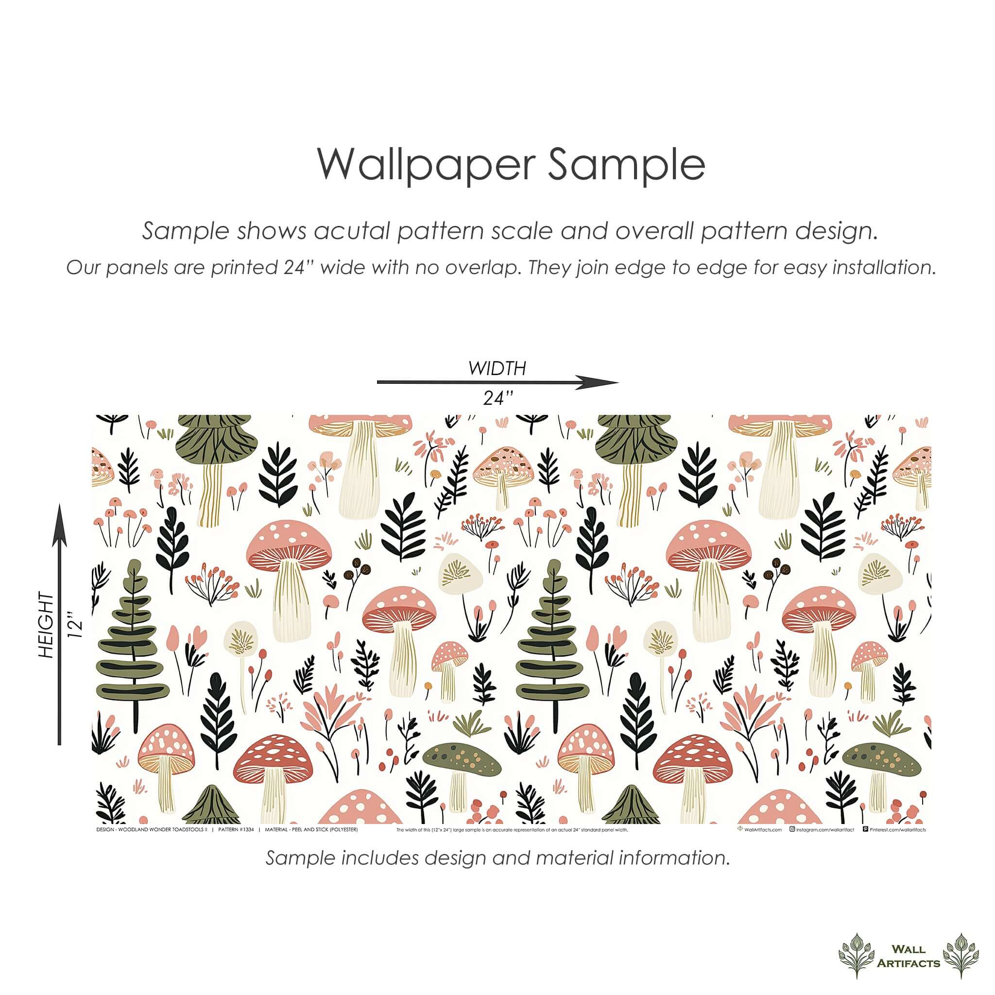 Woodland Wonder Toadstools II Wallpaper featuring playful mushrooms and pine trees. Perfect for nursery or playroom modern design.