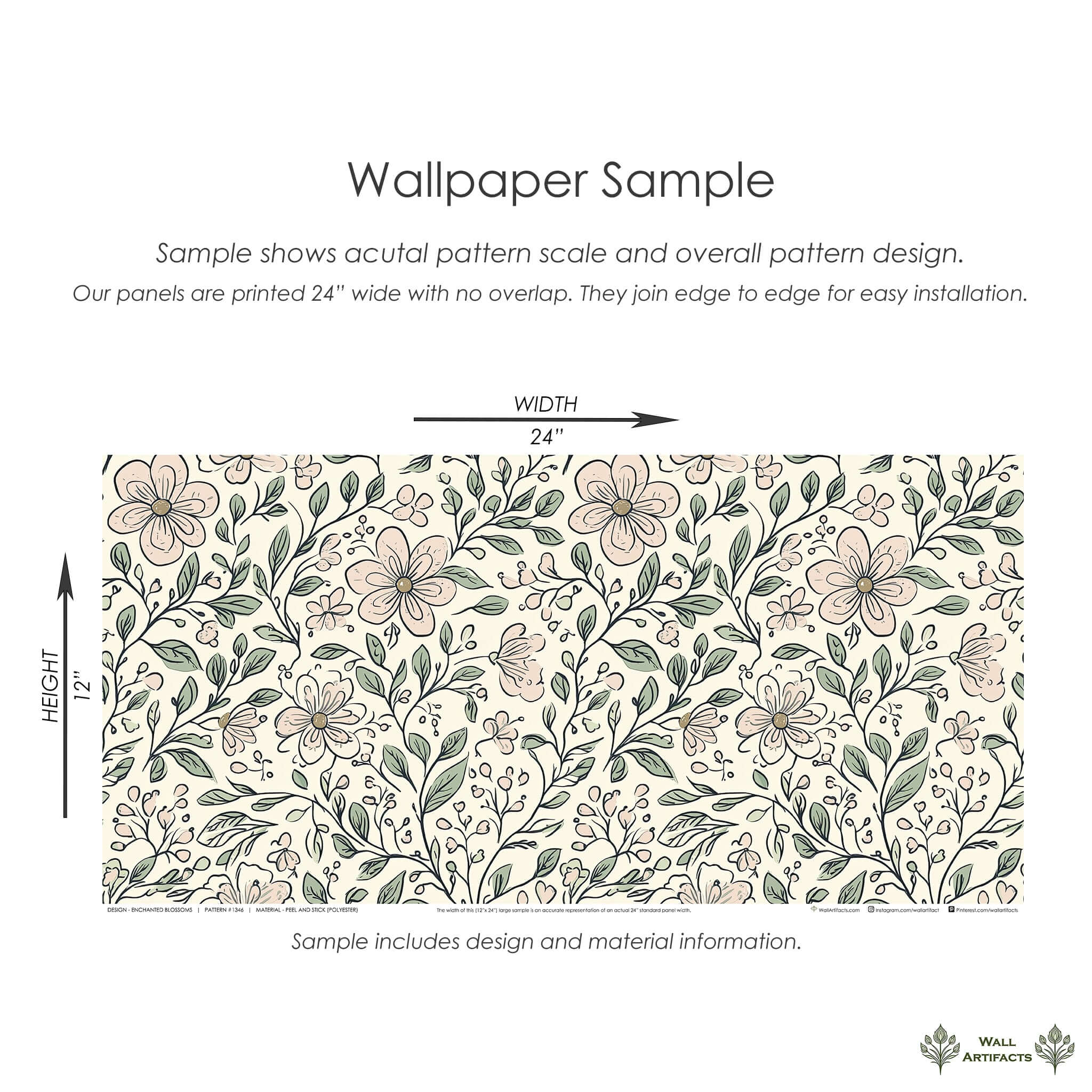 Enchanted Blossoms Wallpaper sample featuring hand-drawn floral patterns, perfect for a cottagecore nursery or modern playroom.