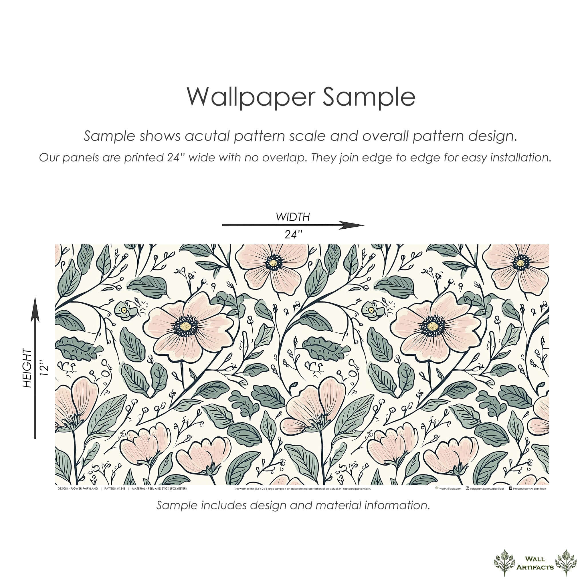 Sample of "Flower Fairyland" wallpaper with hand-drawn blush flowers and sage leaves, perfect for nursery or playroom. #cottagecore