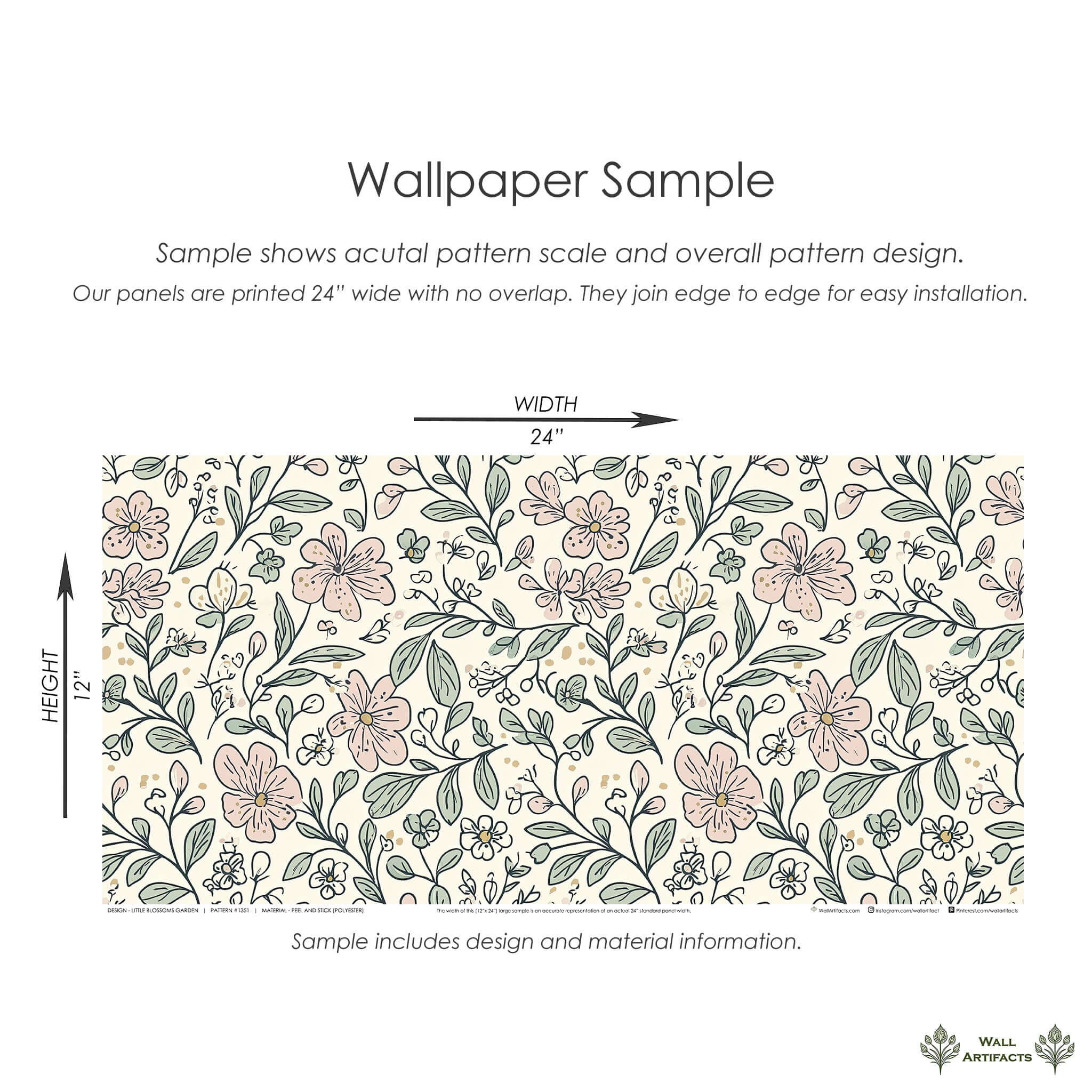 Little Blossoms Garden Wallpaper sample with hand-sketched pink floral and leafy botanicals on a cream background, perfect for nurseries.