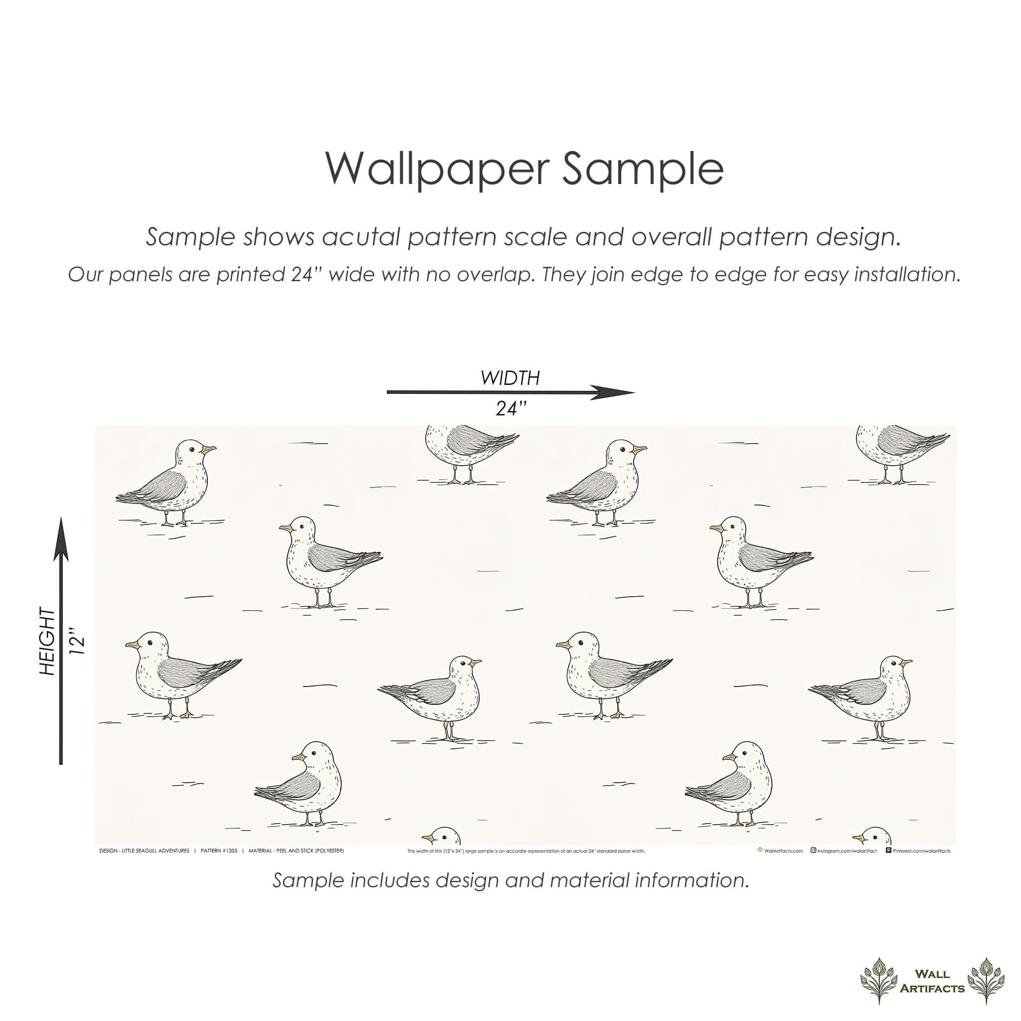 Sample of 'Little Seagull Adventures' wallpaper featuring whimsical seagulls, ideal for modern nursery or playroom decor.